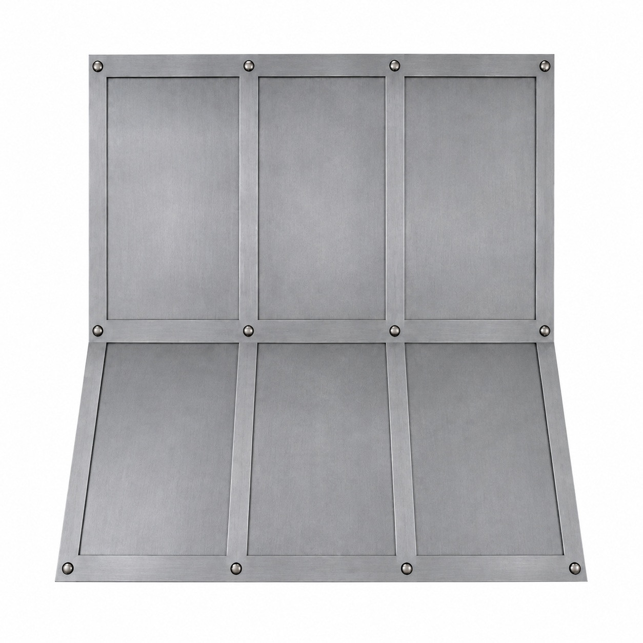 Zinc range hood with riveted three-bay panel front, rectangular body, and matching zinc straps