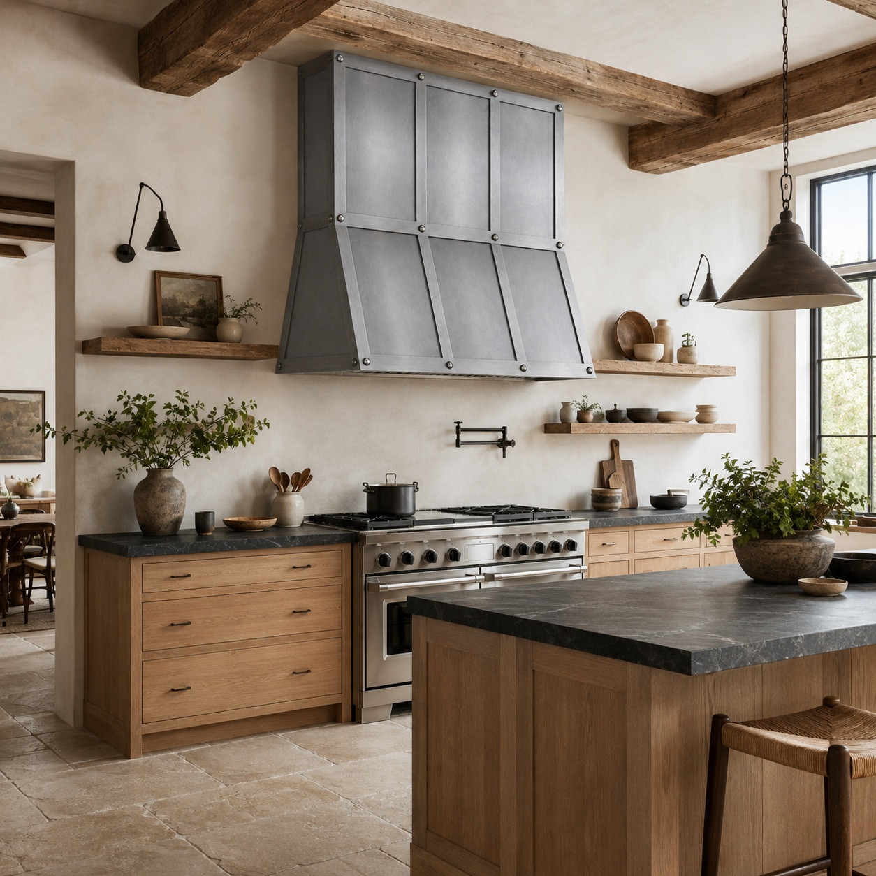 Contemporary rustic kitchen with zinc range hood, riveted three-bay panel, and monochromatic finish