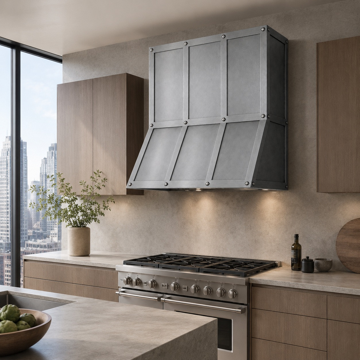 Urban contemporary kitchen with zinc range hood, riveted three-bay panel, and clean straight profile