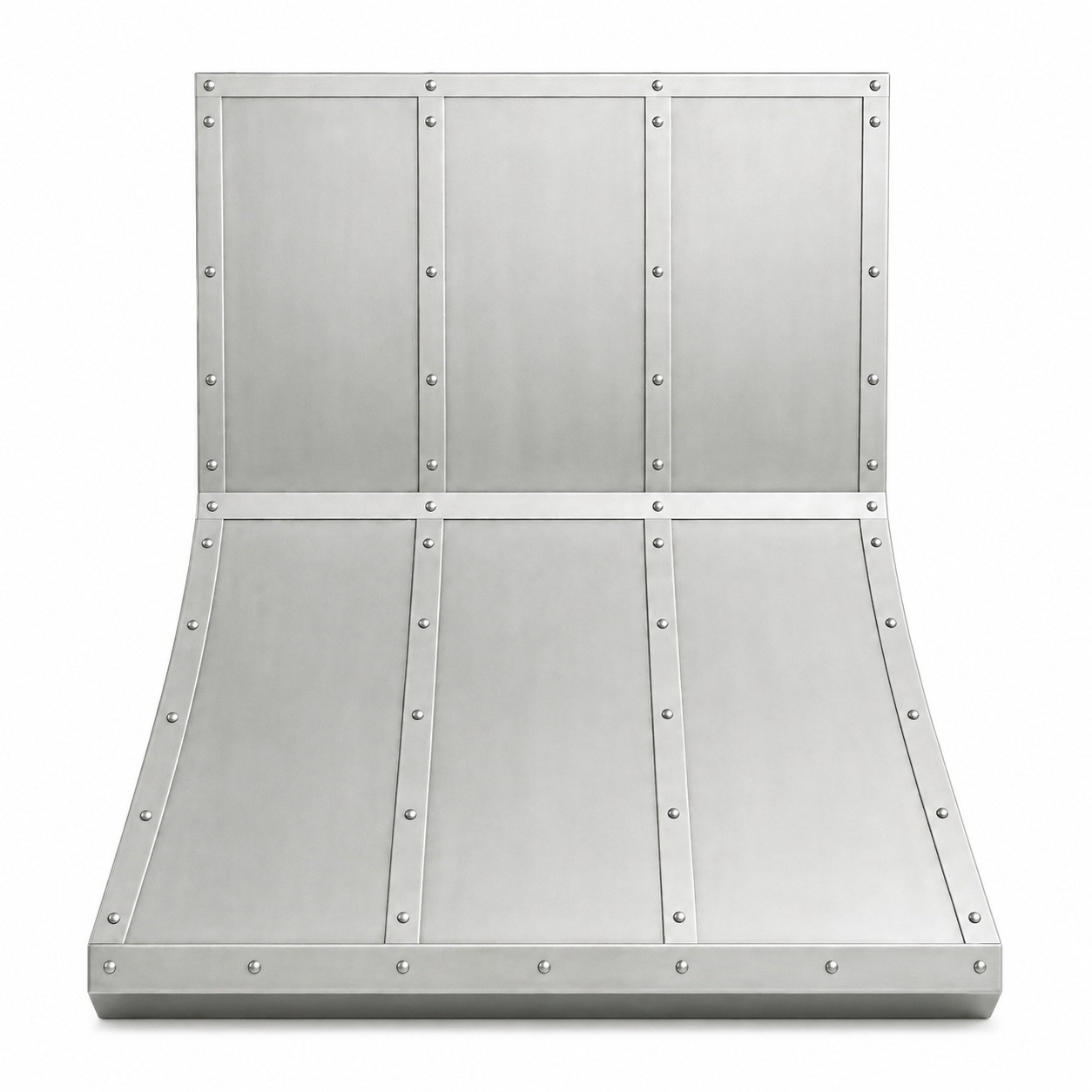 Riveted three-bay zinc range hood with projecting beveled apron and rectangular front