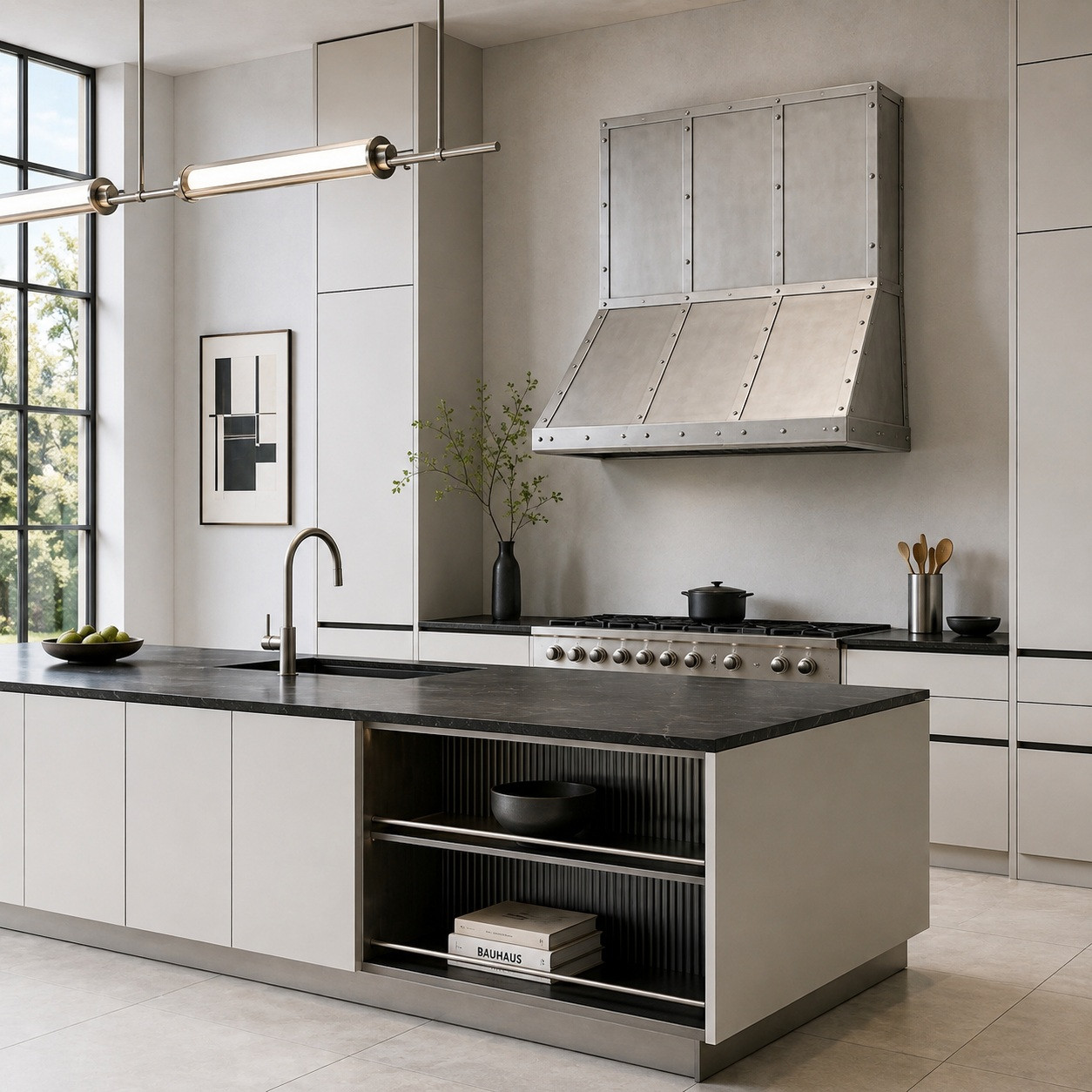 Bauhaus kitchen with riveted three-bay zinc range hood and projecting beveled apron