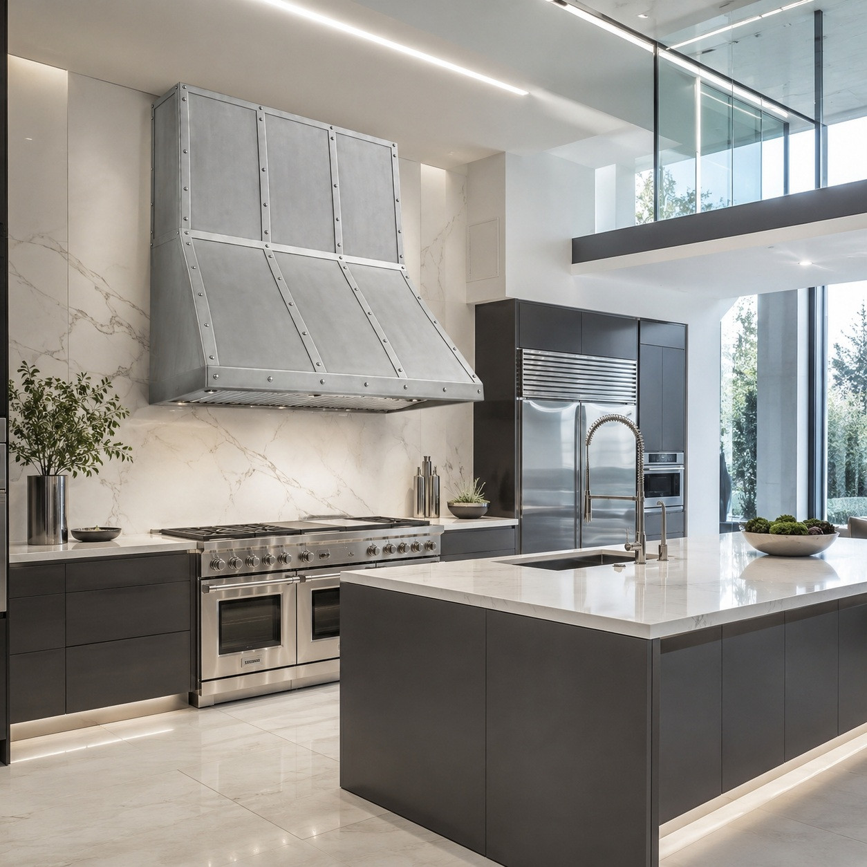 High-tech modern kitchen with riveted three-bay zinc range hood and angular canopy