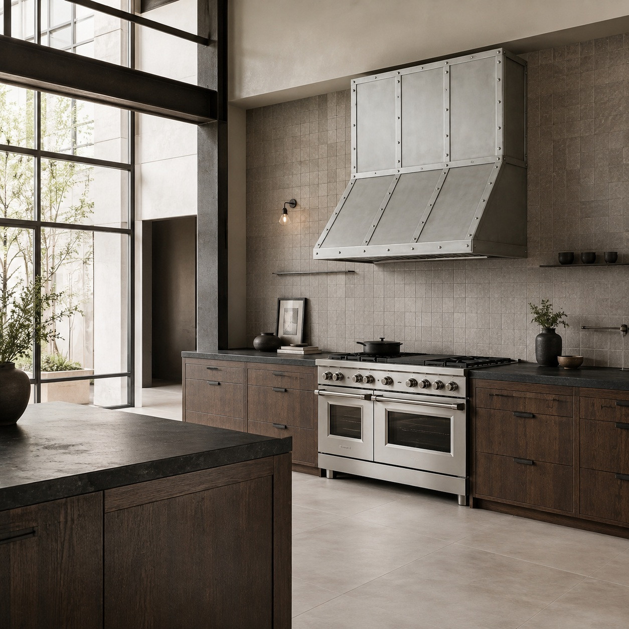 Japanese modern kitchen with three-bay zinc range hood, rivets, and projecting apron
