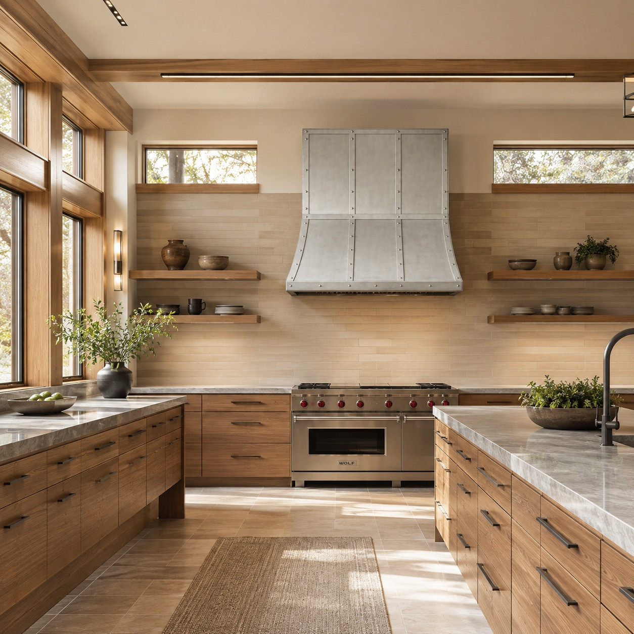 Modern Prairie kitchen with riveted three-bay zinc range hood and strong horizontal apron