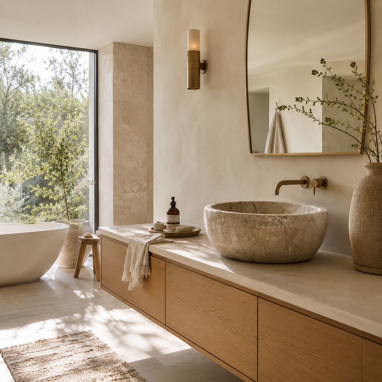 Organic modern bathroom with oval cantera stone vessel sink and natural vanity materials