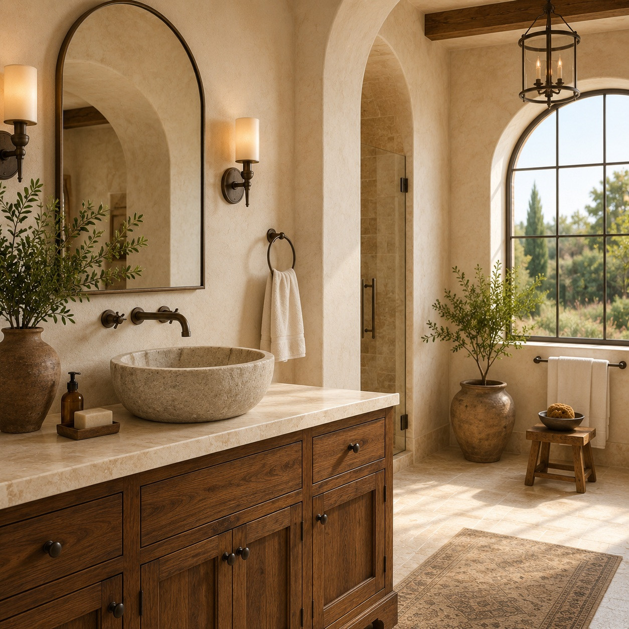 Mediterranean bathroom with oval cantera stone vessel sink, warm tile, and bronze accents