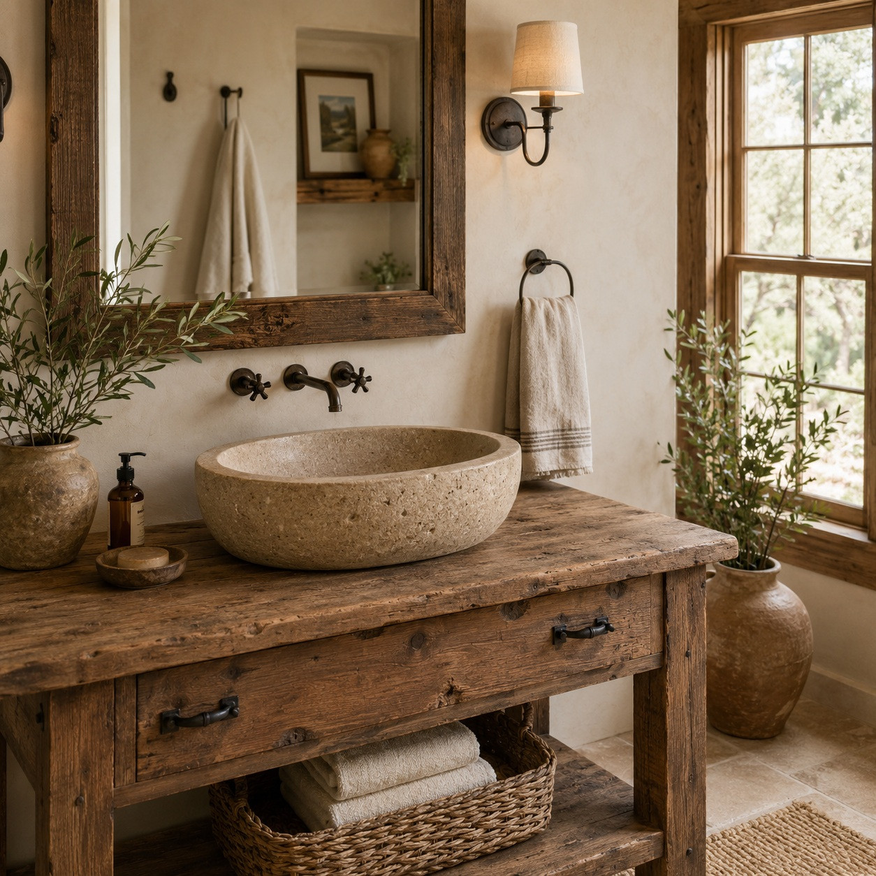 Rustic farmhouse bathroom with oval cantera stone vessel sink and reclaimed wood vanity