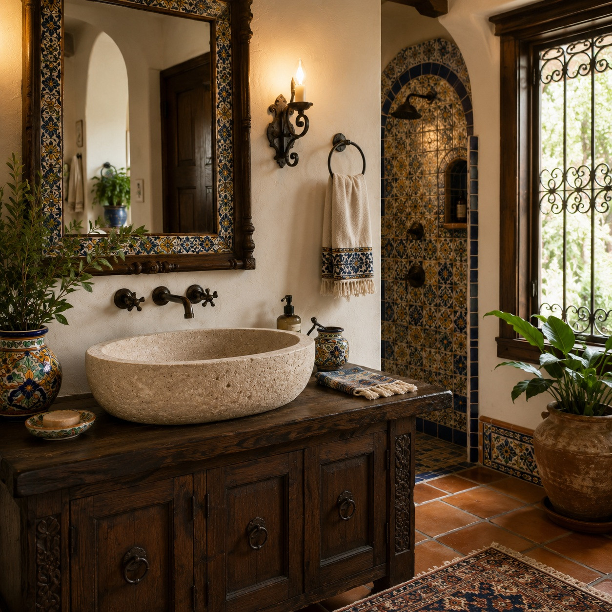 Spanish Colonial bathroom with oval cantera stone vessel sink and traditional tile details