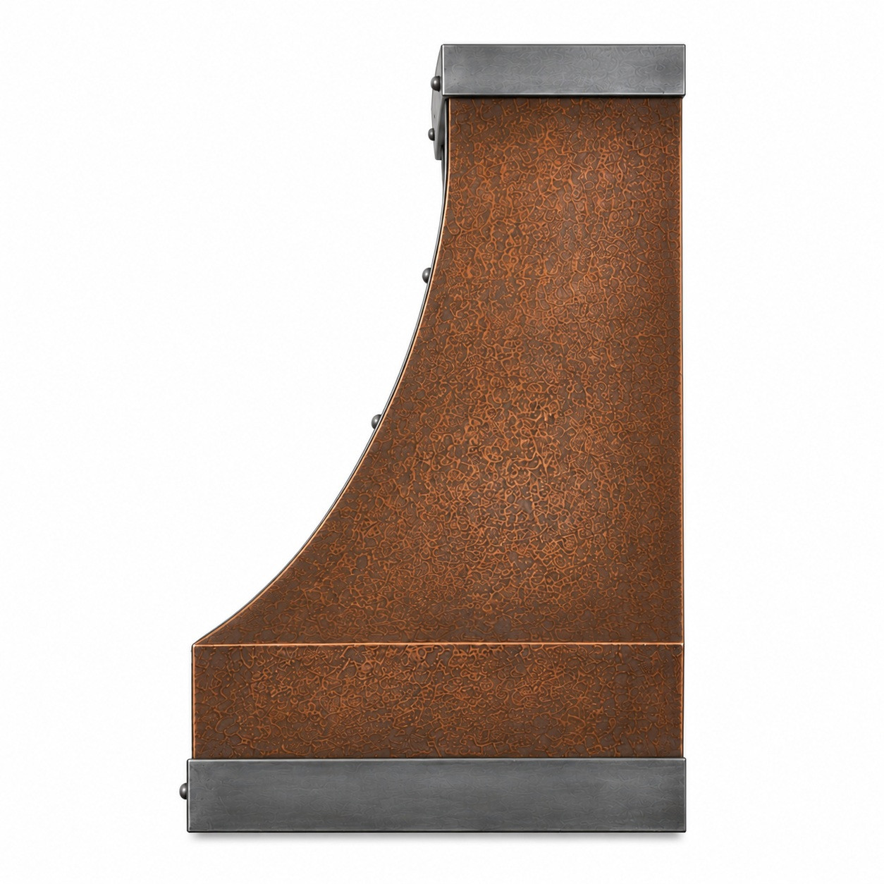 Side view hammered copper range hood with curved bell profile and zinc trim on white background