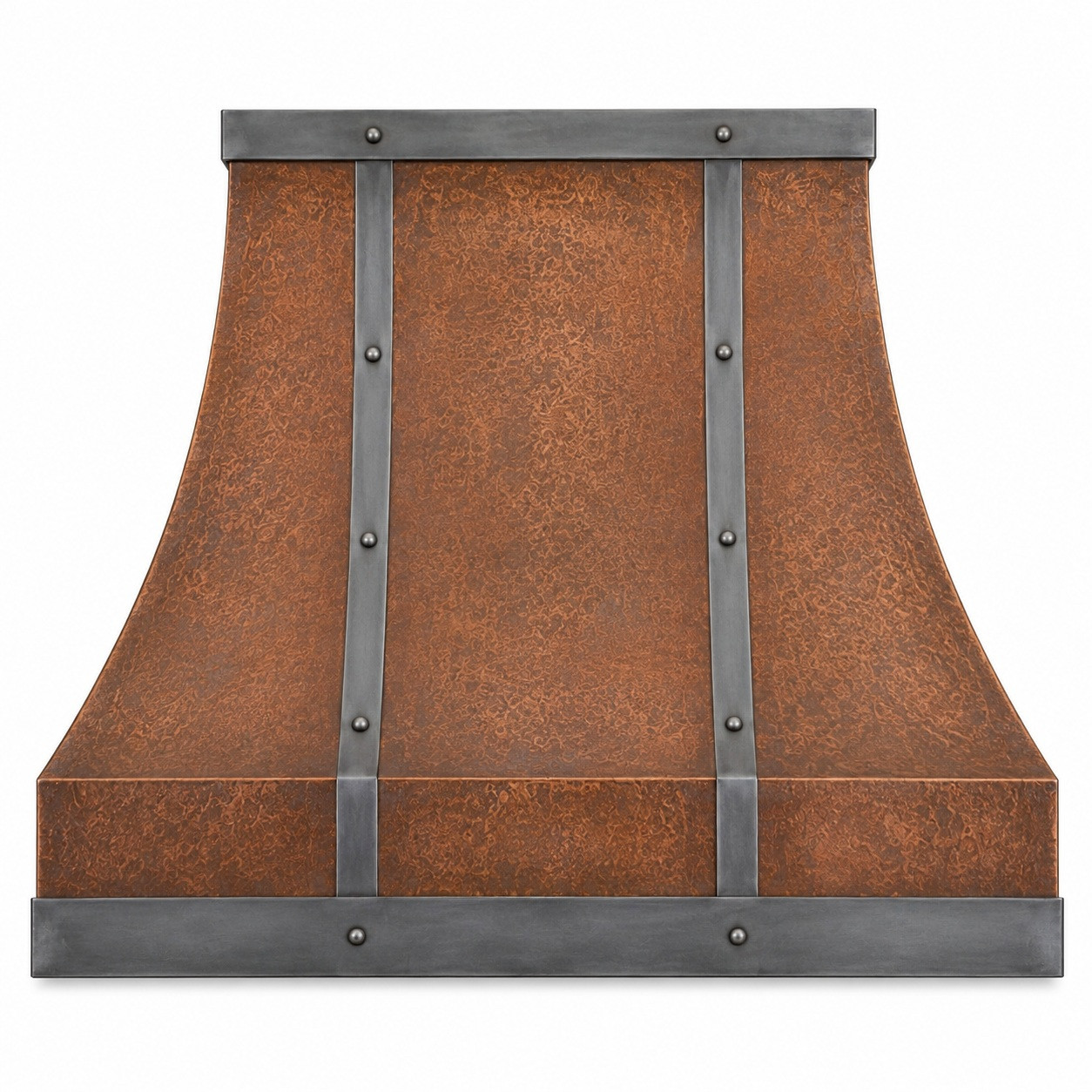 Copper bell range hood with zinc frame, twin riveted straps, warm patina, and mixed-metal detail