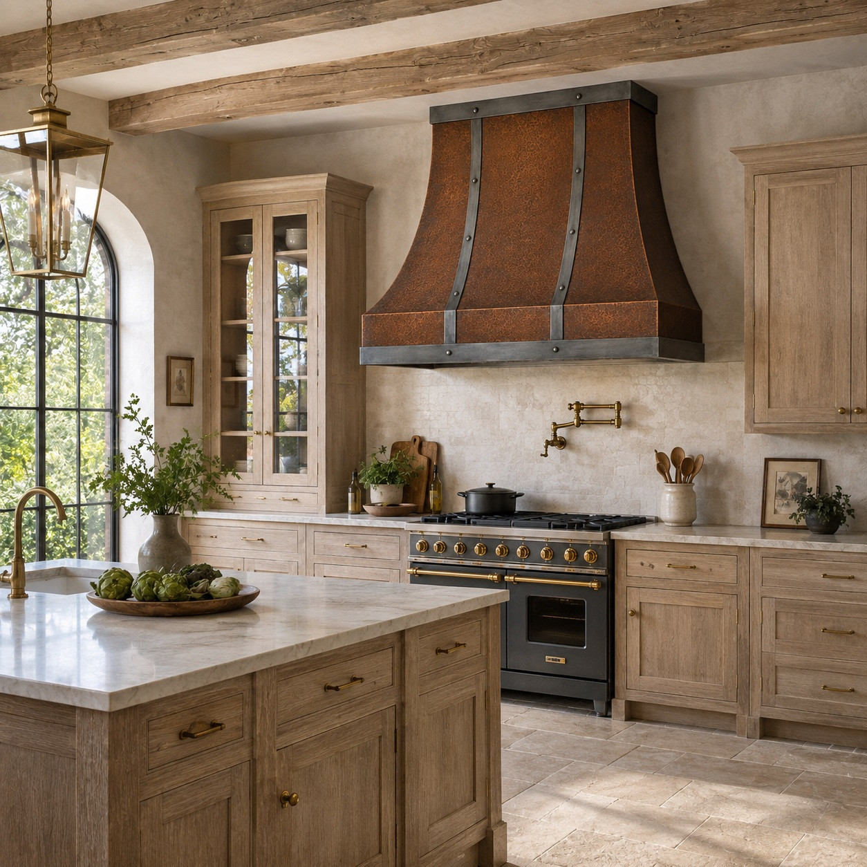 Belgian kitchen with copper bell range hood, zinc frame, and twin riveted straps