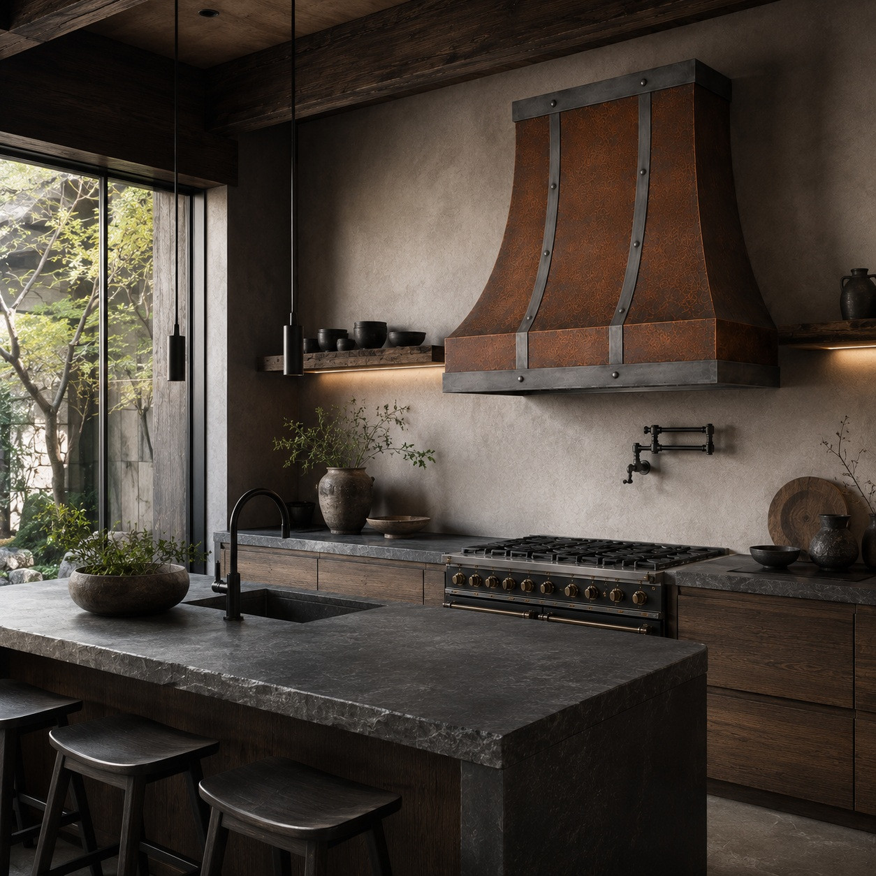 Wabi-industrial kitchen with copper bell range hood, zinc frame, and twin riveted straps