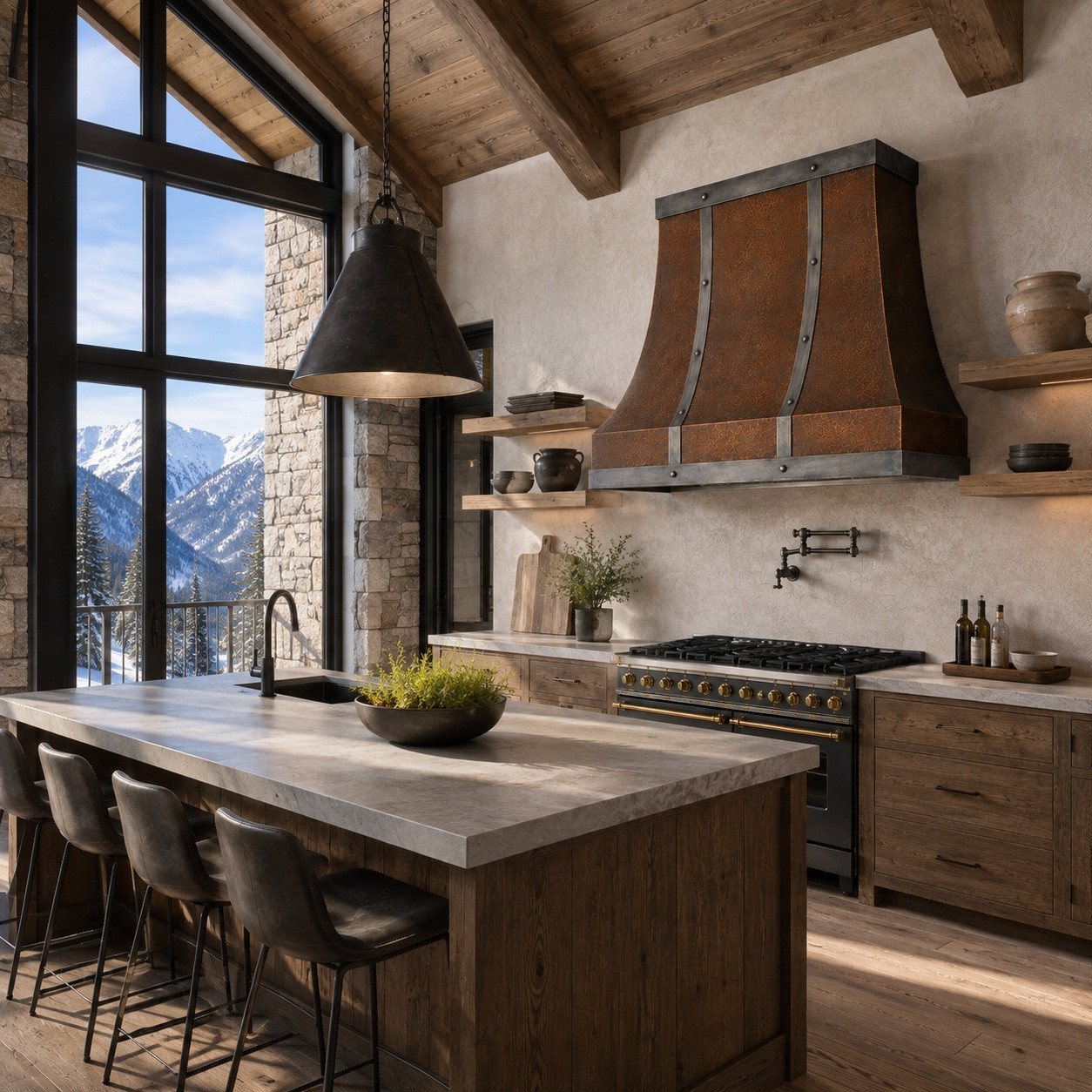 Alpine contemporary kitchen with copper bell range hood, zinc frame, and riveted straps