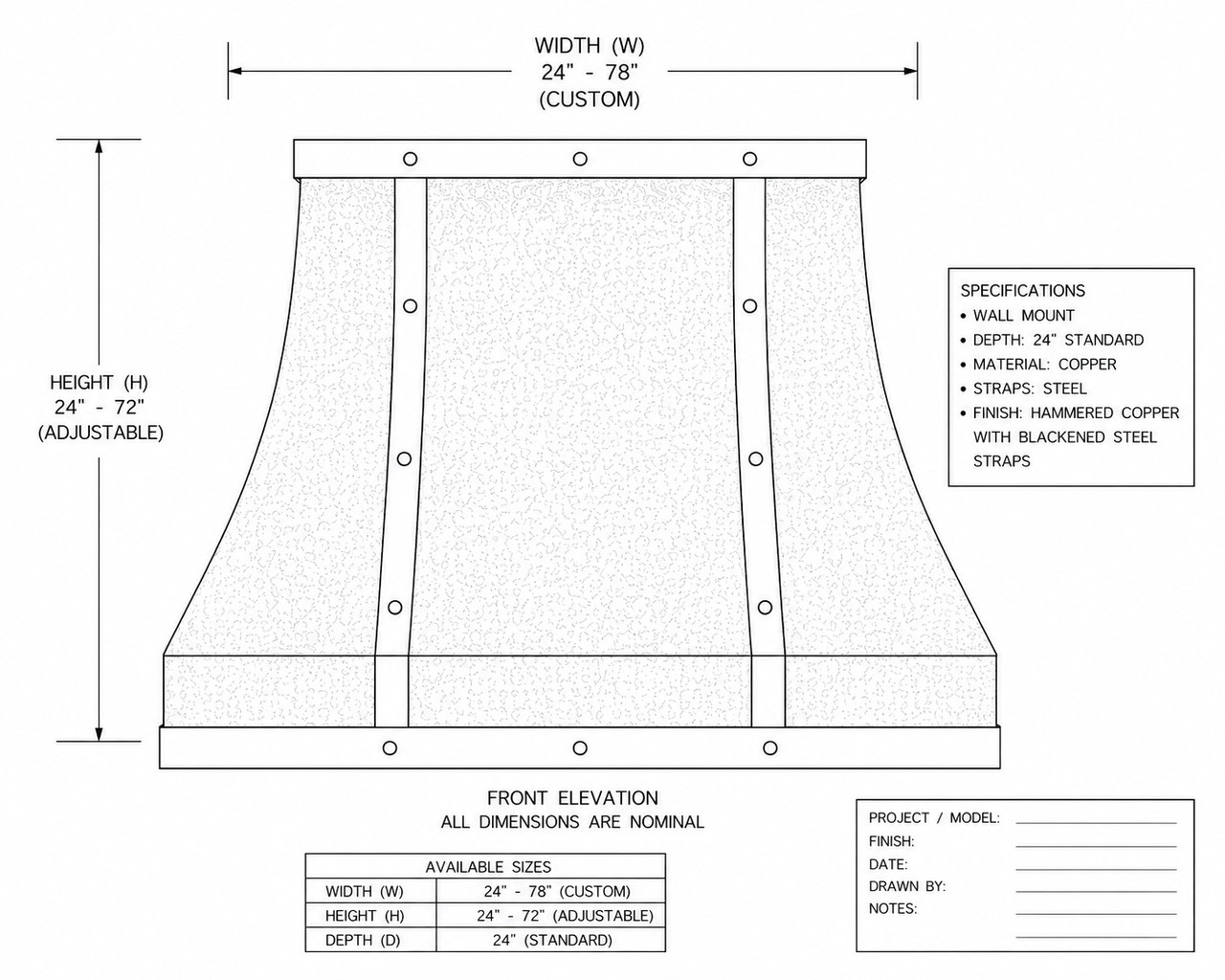 Proportional drawing of copper bell range hood with zinc frame and twin riveted straps