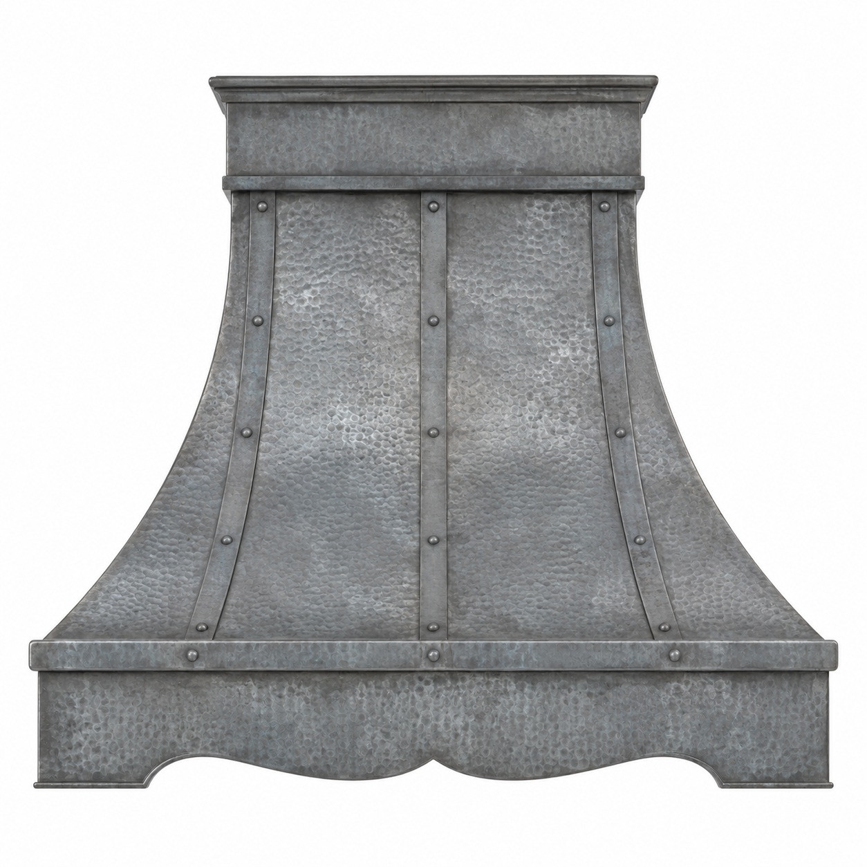 Hammered aged zinc bell range hood with riveted straps, layered crown, and shaped apron