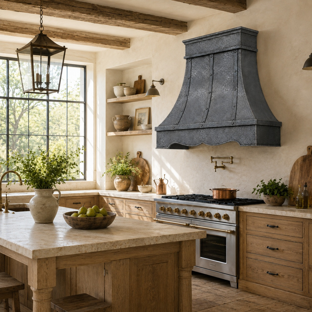 European kitchen with hammered aged zinc bell range hood, layered crown, and shaped apron