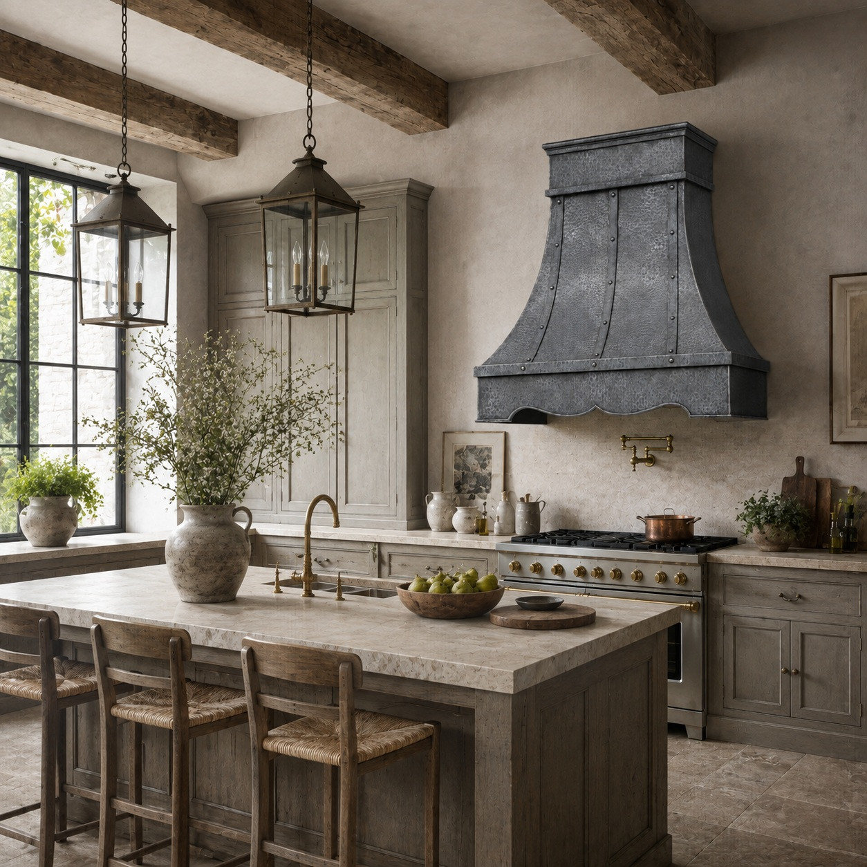 Belgian kitchen with hammered aged zinc bell range hood, gray metal finish, and shaped apron
