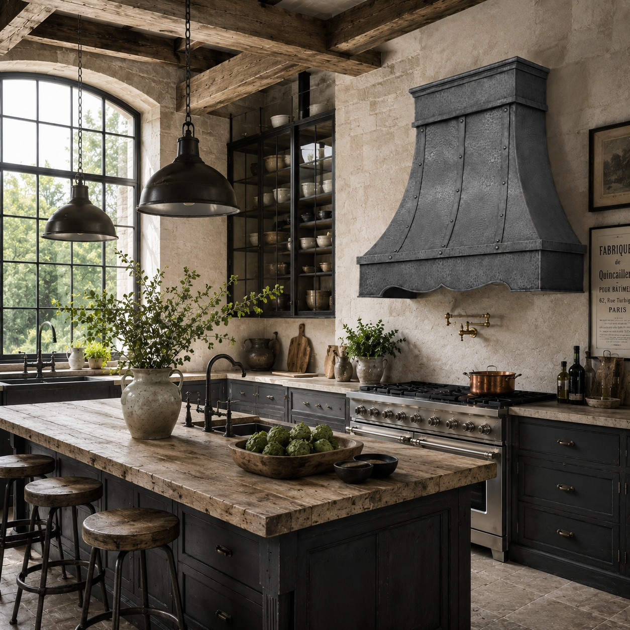 French industrial kitchen with hammered aged zinc bell range hood, riveted straps, and shaped apron