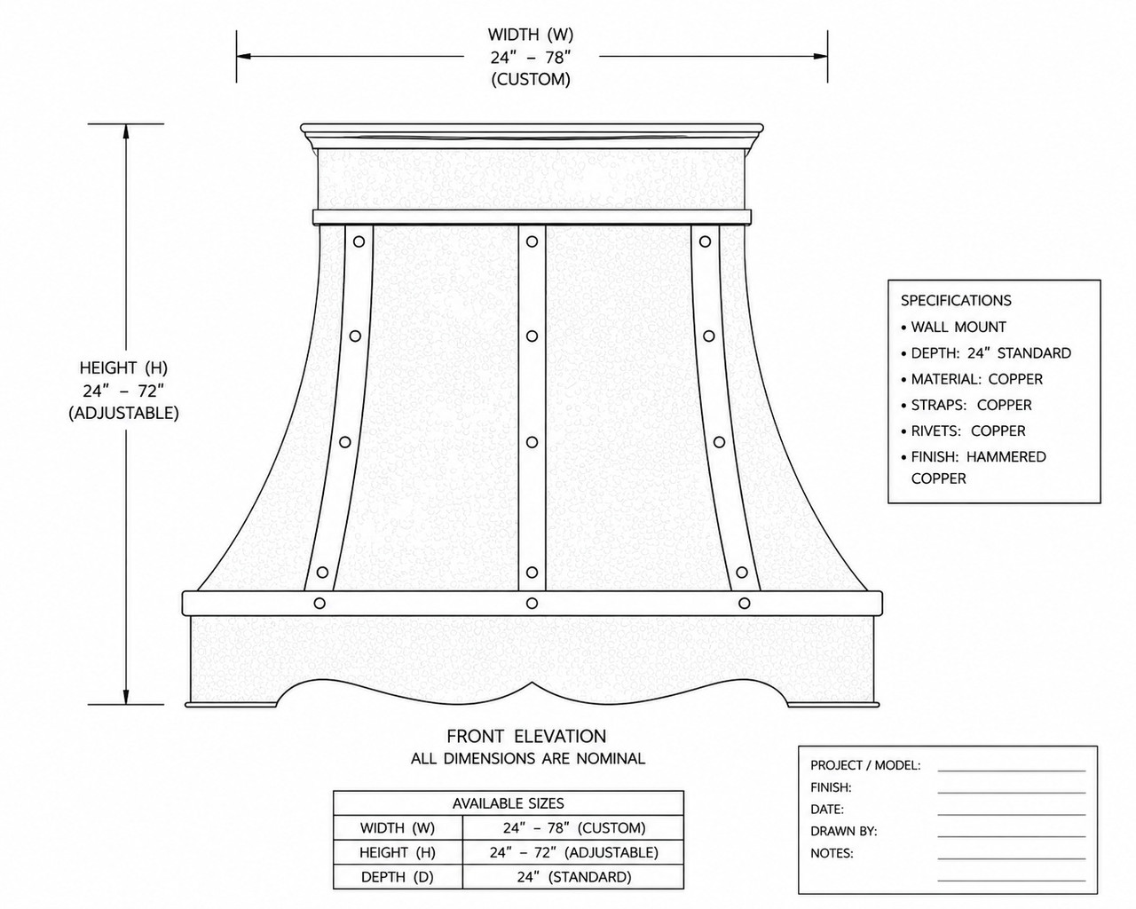 Proportional drawing of hammered aged zinc bell range hood with straps, crown, and shaped apron