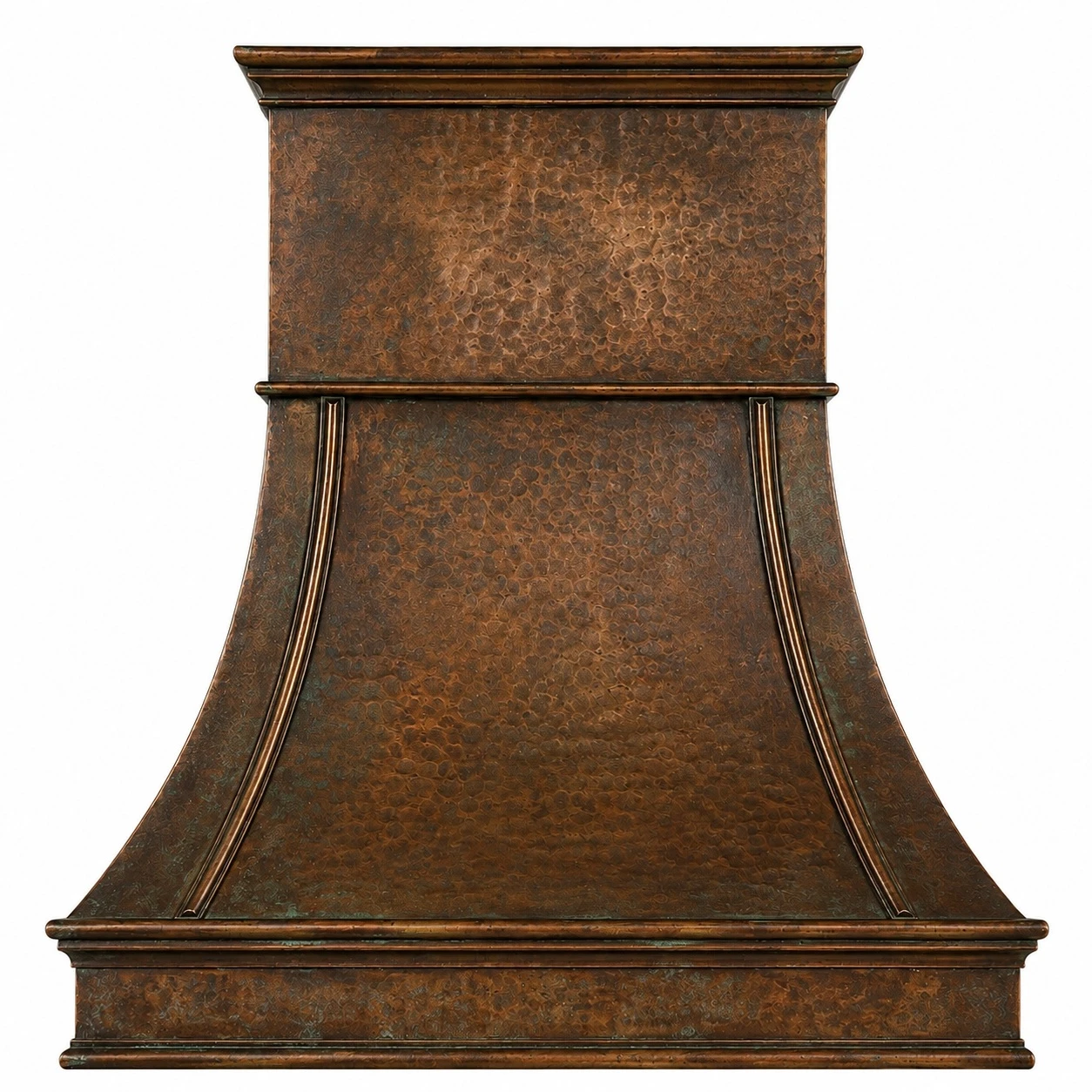 Front view of hammered copper range hood with broad bell flare, curved vertical ribs and layered crown molding
