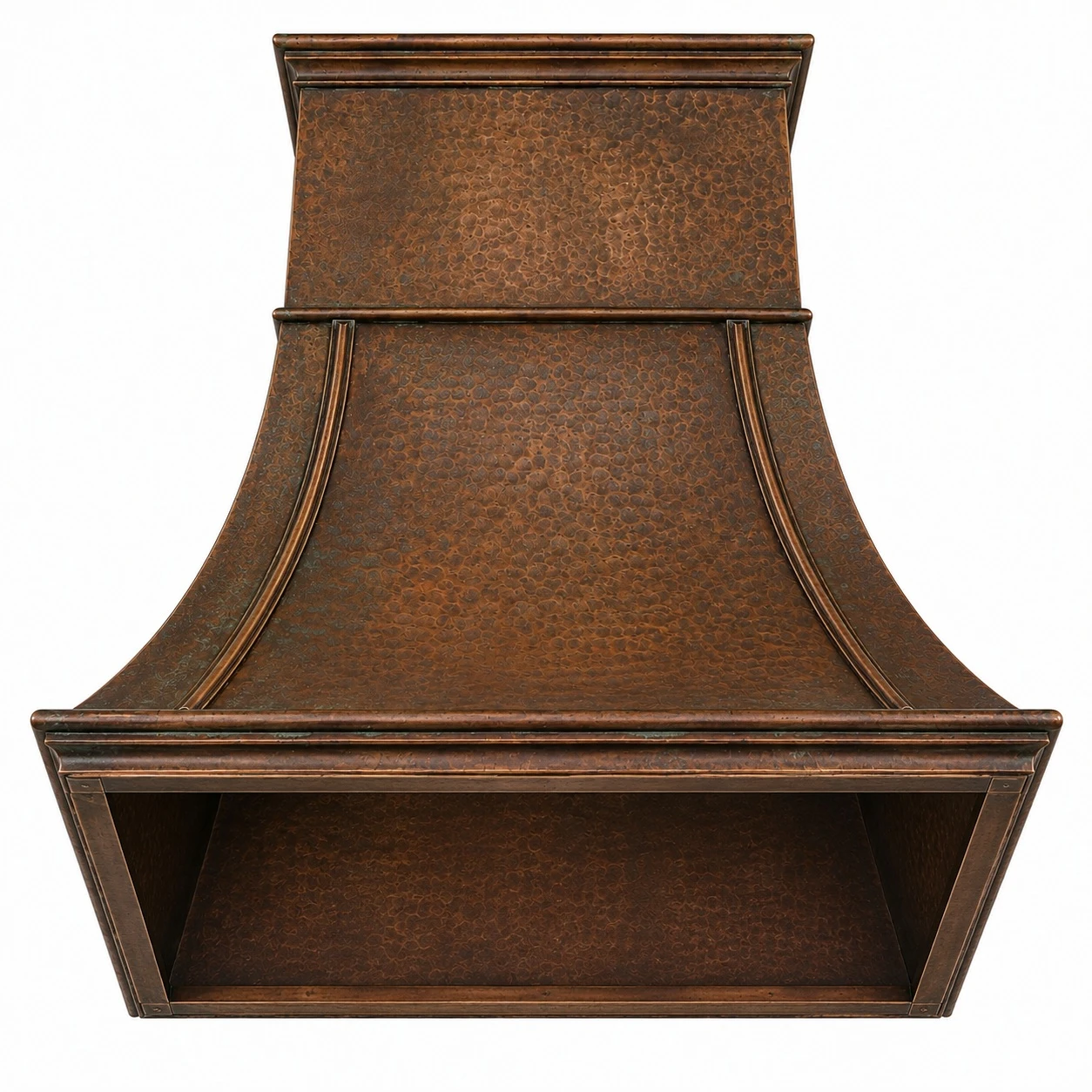 Underside view of copper range hood showing the open interior prepared for a buyer-supplied ventilation insert