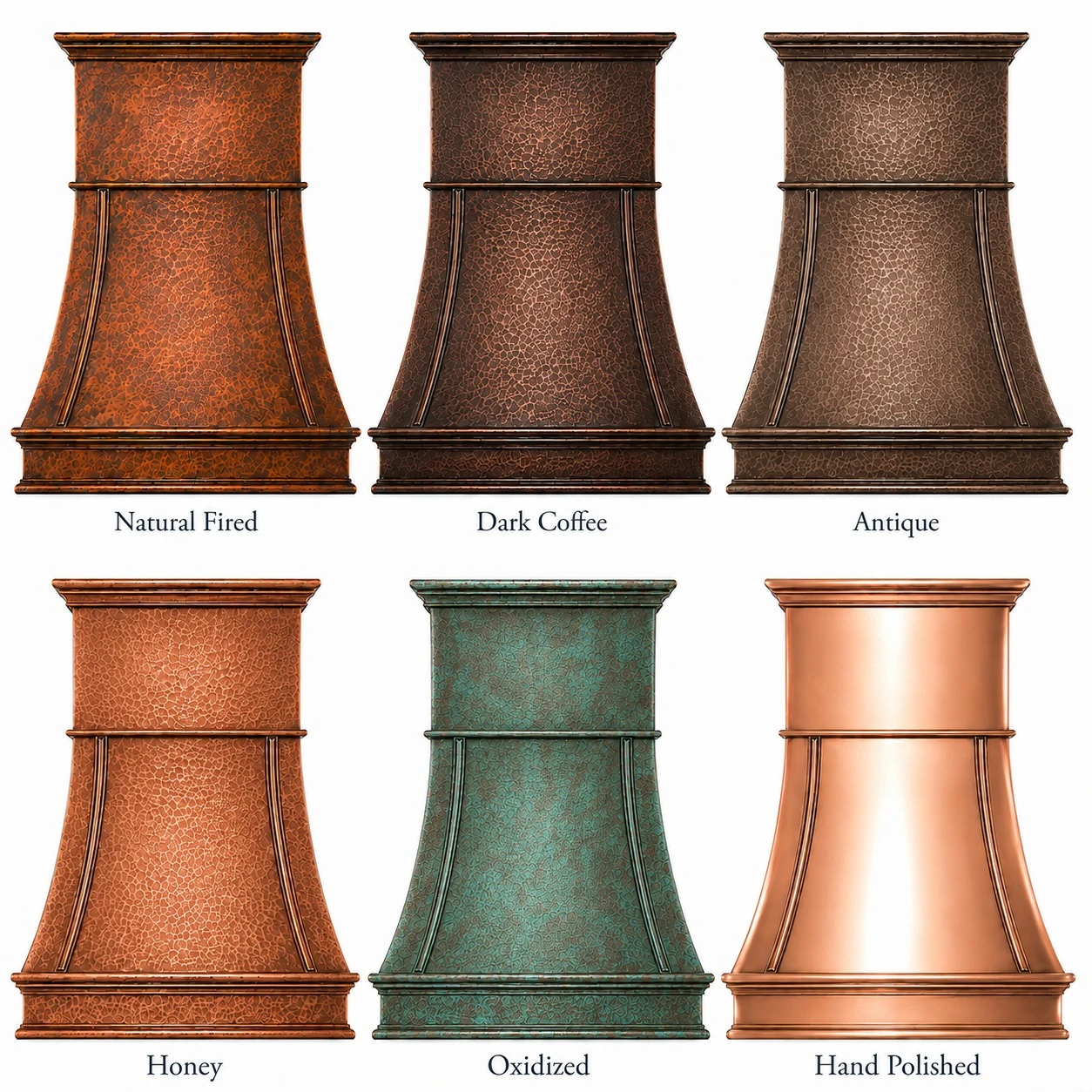 Copper patina finish options for flared bell copper range hood with curved ribs