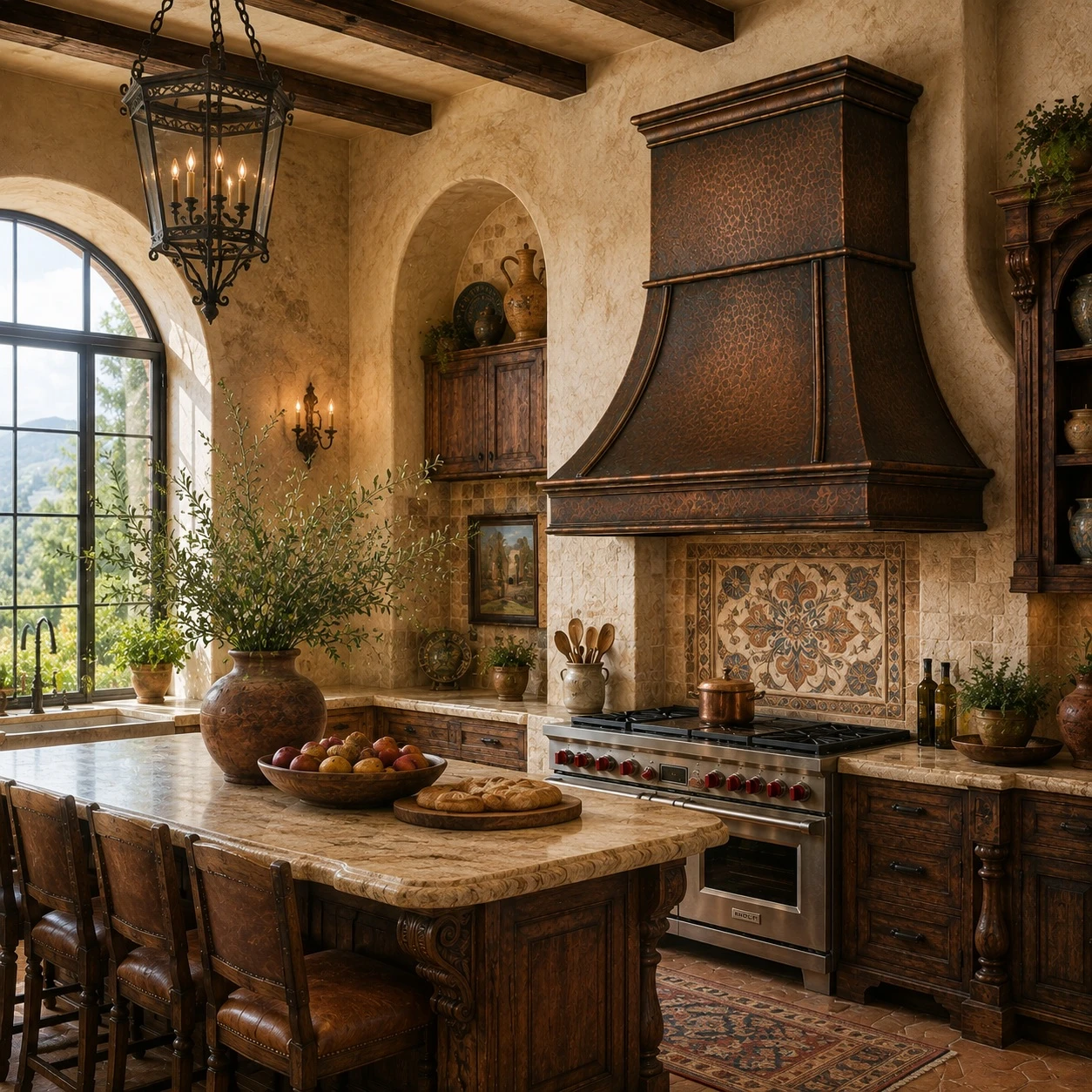 Old-world kitchen with flared bell copper range hood, curved ribs, and layered crown