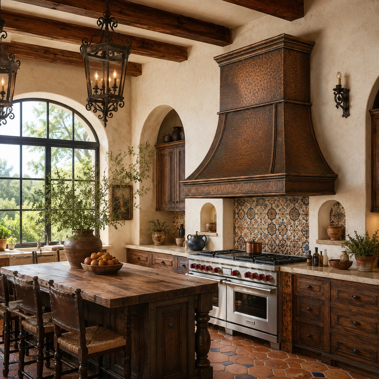 Spanish Colonial kitchen with flared bell copper range hood and curved rib detail