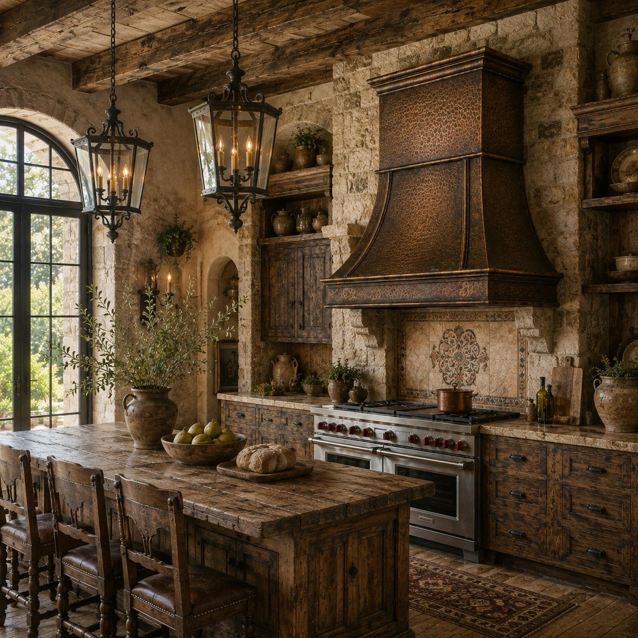 Rustic European kitchen with flared bell copper range hood, curved ribs, and warm patina