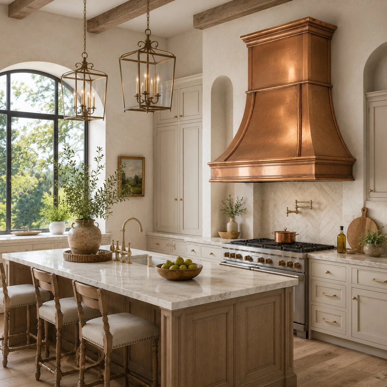 European transitional kitchen with polished flared bell copper range hood and curved ribs