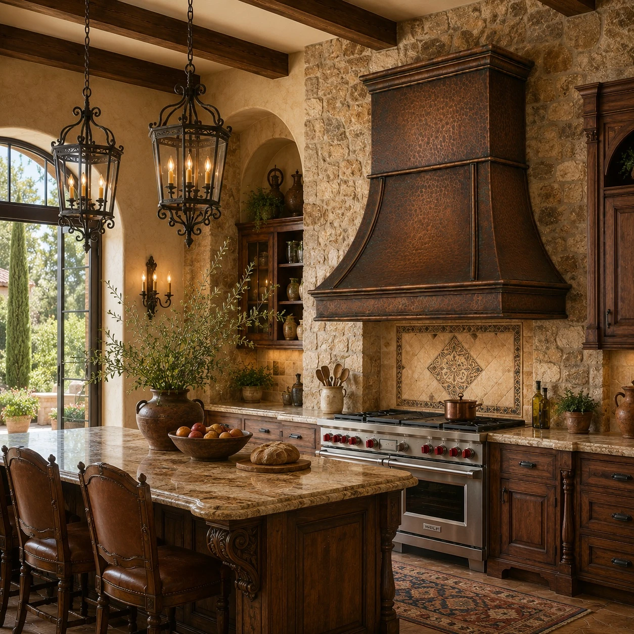Tuscan kitchen with flared bell copper range hood, curved ribs, and architectural crown