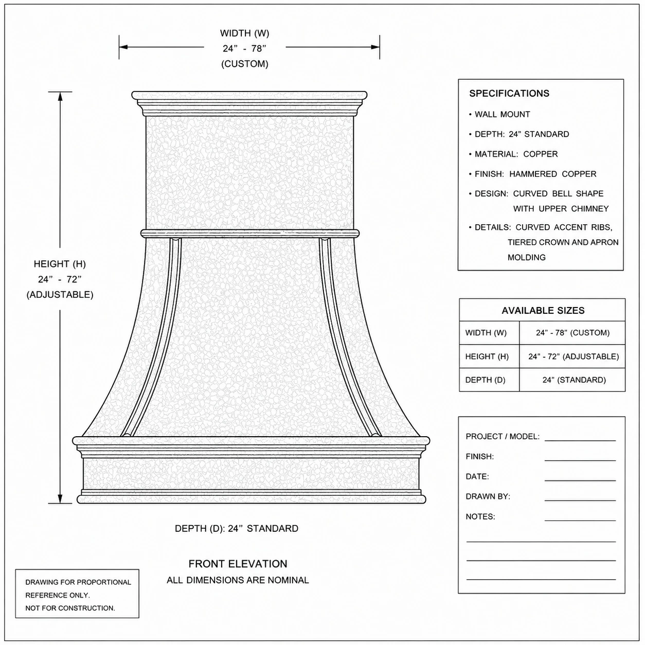 Proportional drawing of flared bell copper range hood with curved ribs and layered crown