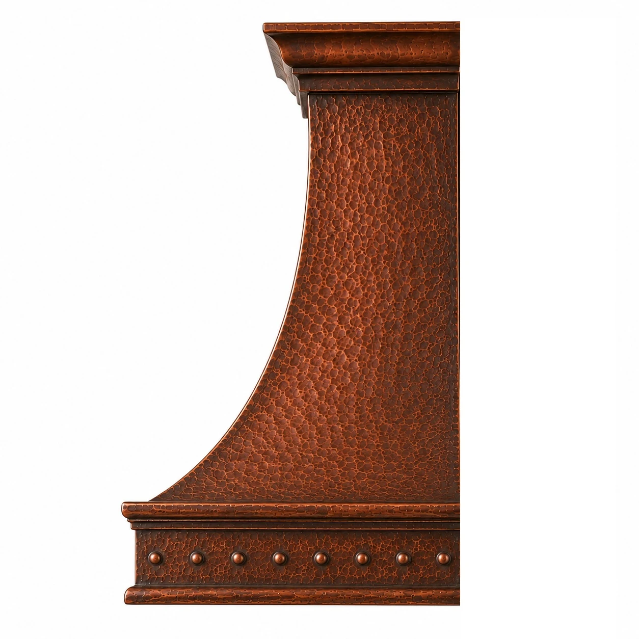 Side profile of hand-hammered bell copper range hood with riveted apron for wall-mount installation