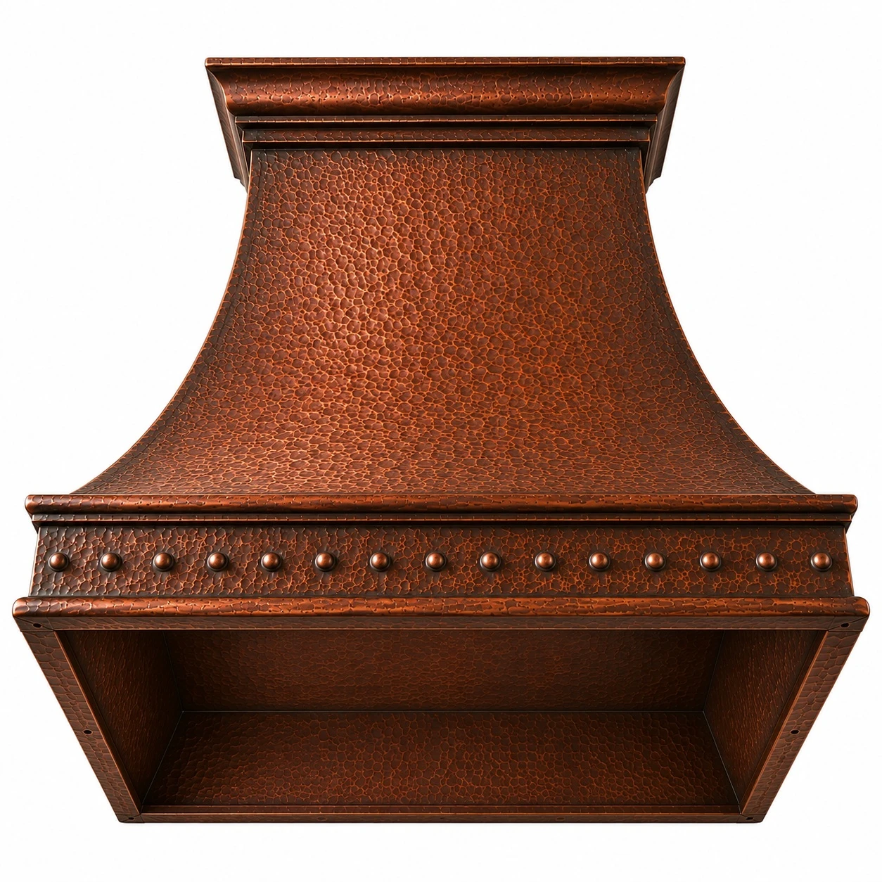 Underside view of hand-hammered bell copper range hood prepared for insert opening