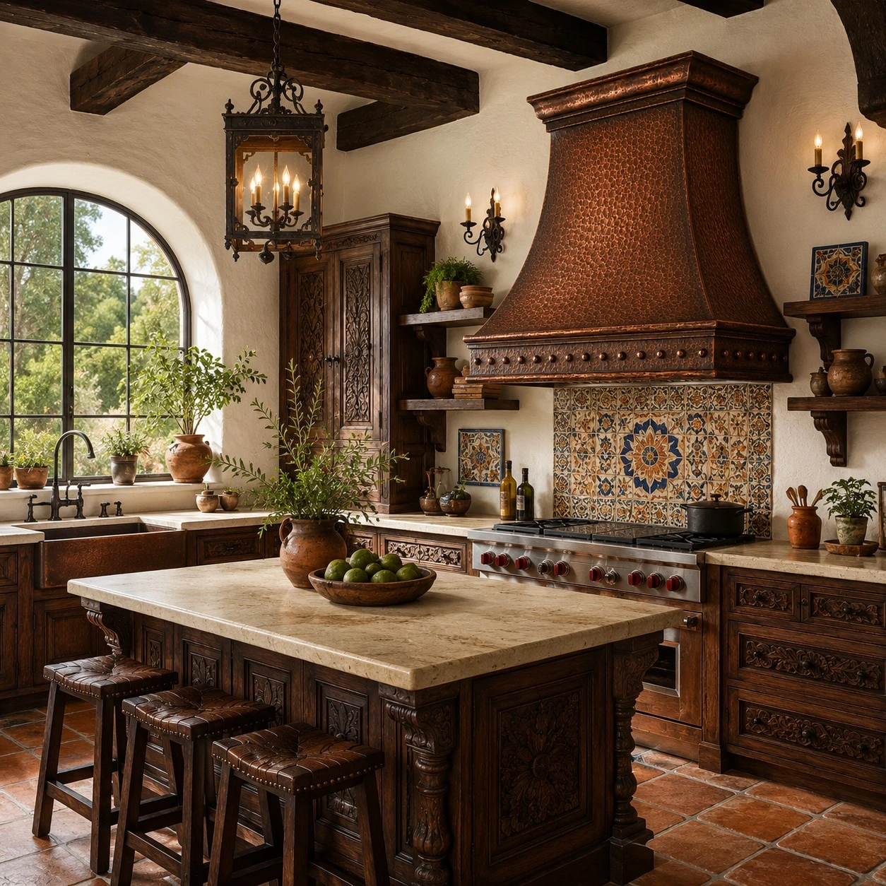 Spanish Colonial kitchen with hand-hammered bell copper range hood and riveted apron