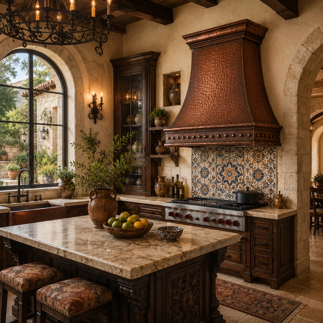 Mediterranean kitchen with hand-hammered bell copper range hood and warm riveted apron