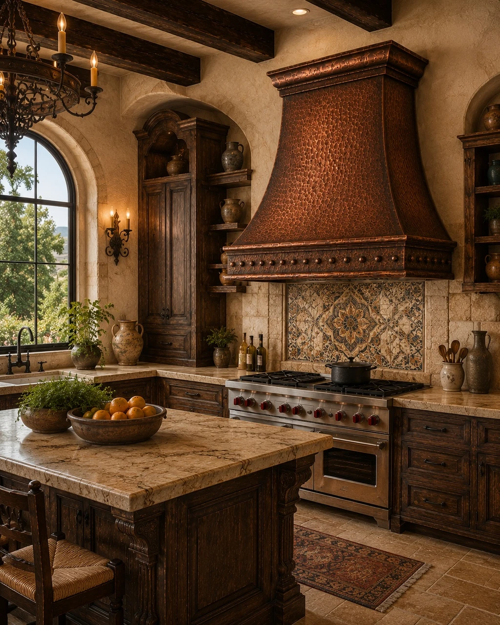 Tuscan kitchen with hand-hammered bell copper range hood, riveted apron, and warm stone