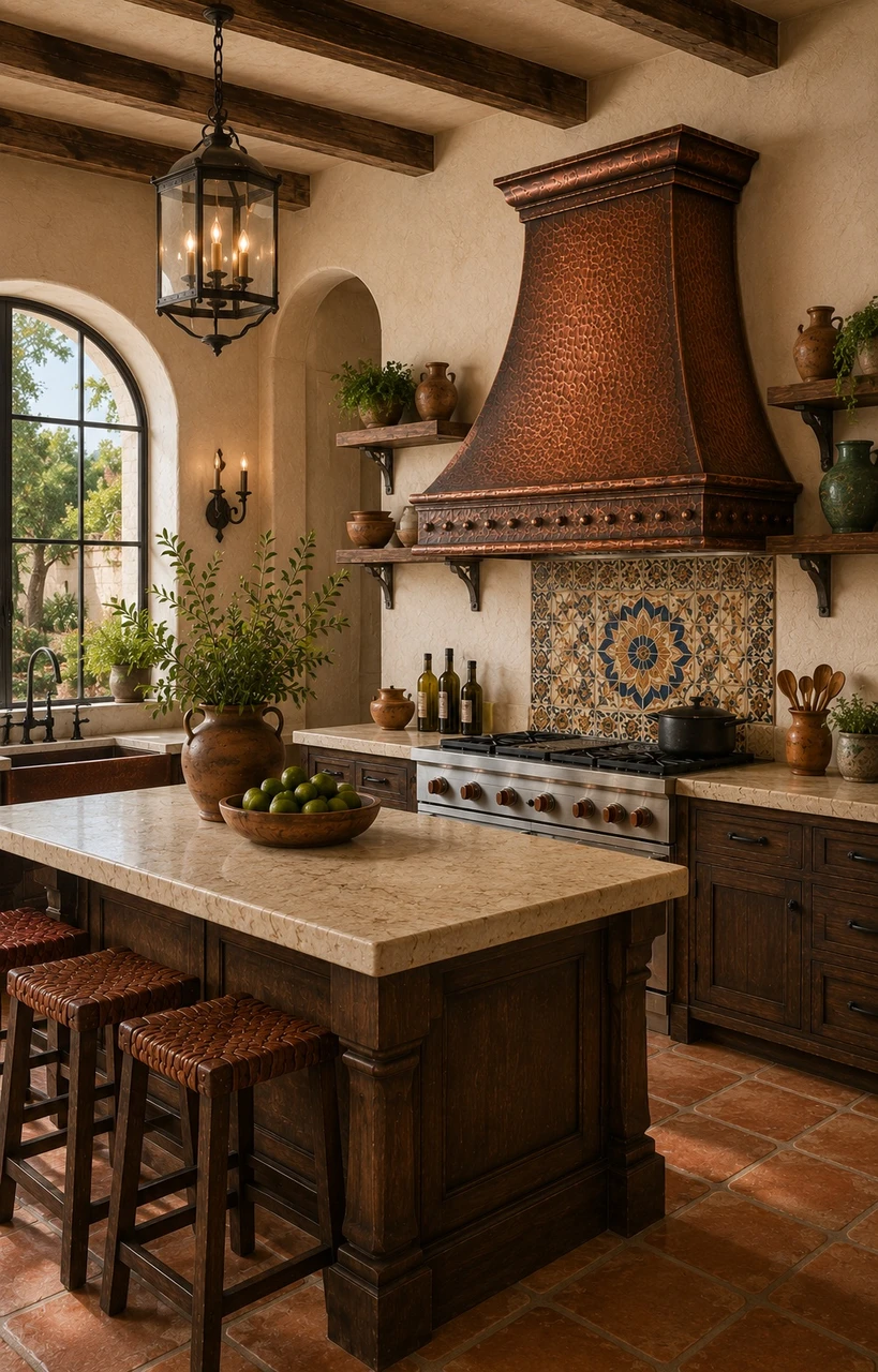 Hand-hammered bell copper range hood with riveted apron in Modern Hacienda kitchen with plaster and terracotta