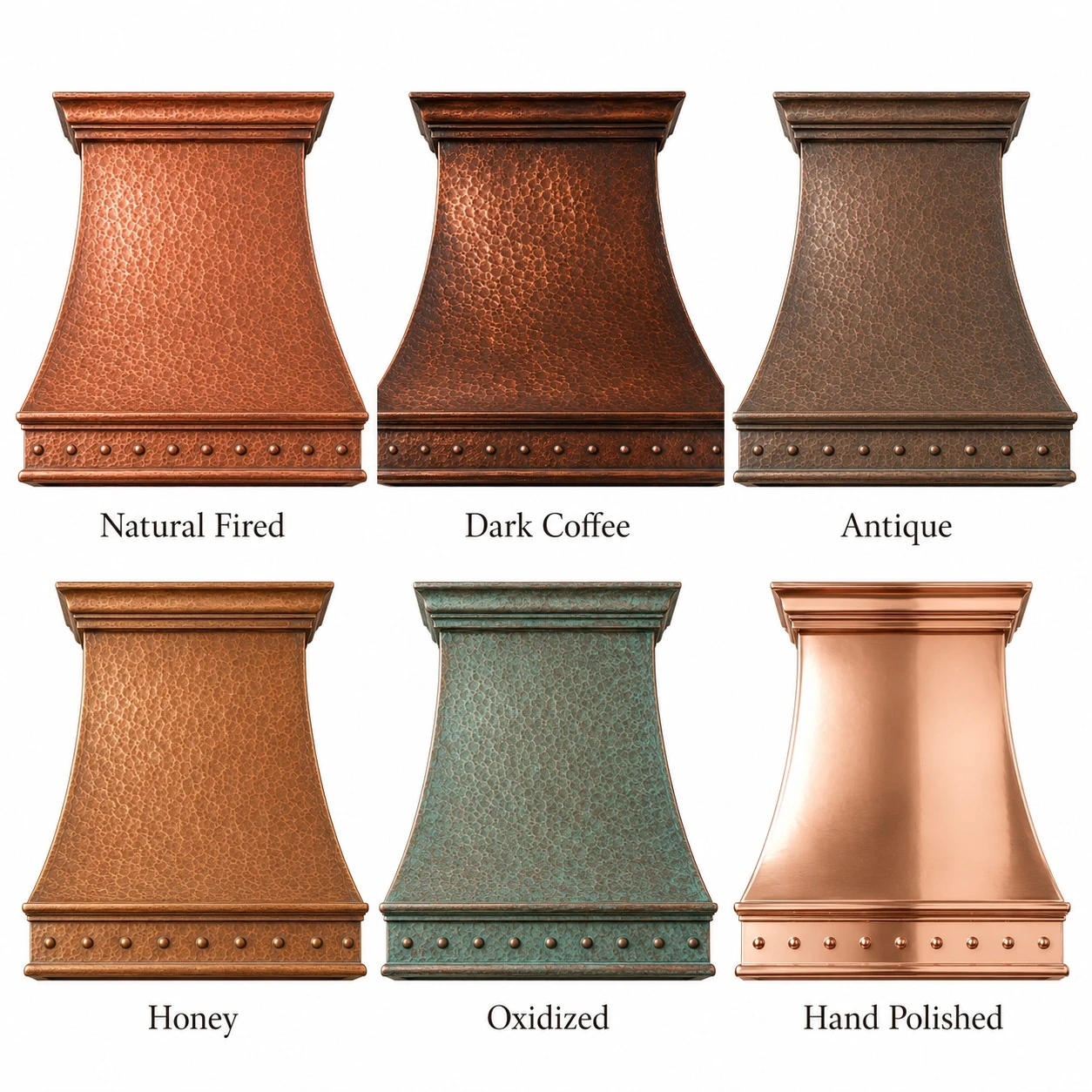 Copper patina finish options for hand-hammered bell range hood with riveted apron
