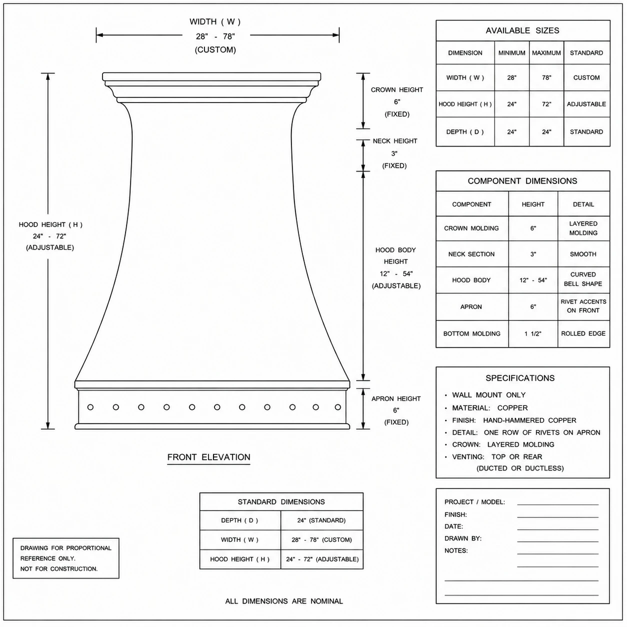 Proportional drawing of hand-hammered bell copper range hood with riveted apron