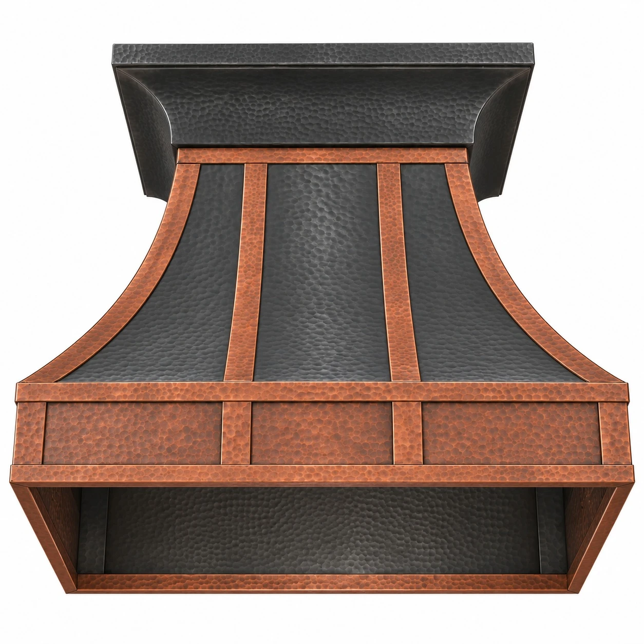 Underside view of zinc bell range hood with copper bands and insert opening