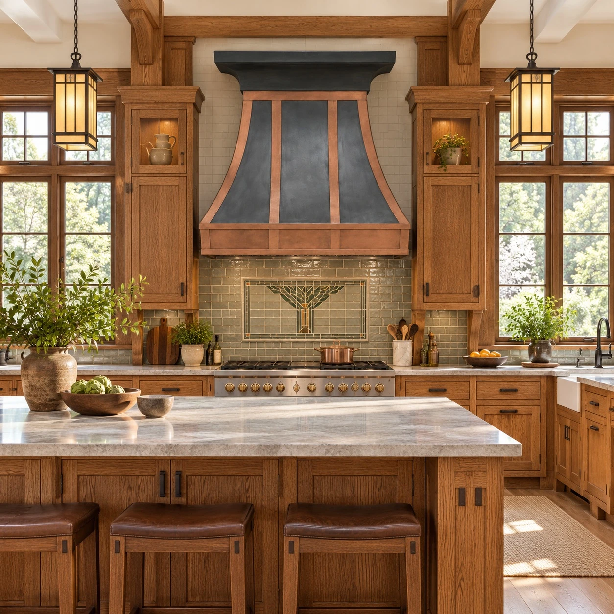 Smooth black zinc and copper bell hood in a Craftsman kitchen with oak cabinetry, handmade tile and stone counters