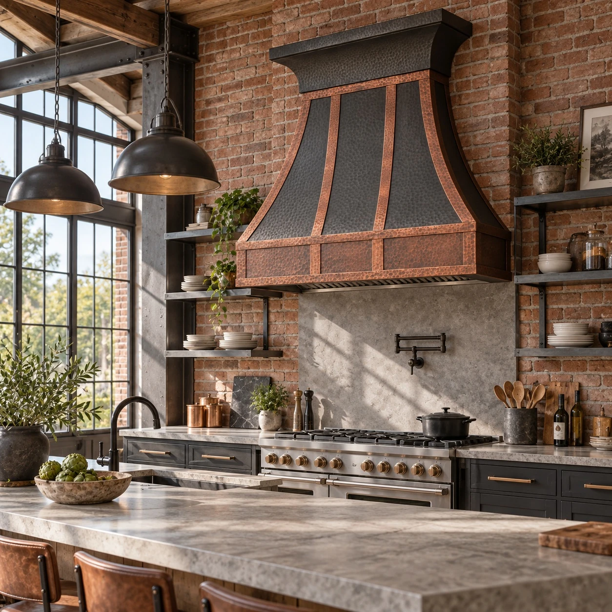 Industrial kitchen with zinc bell range hood, copper corner bands, brick, steel, and wood