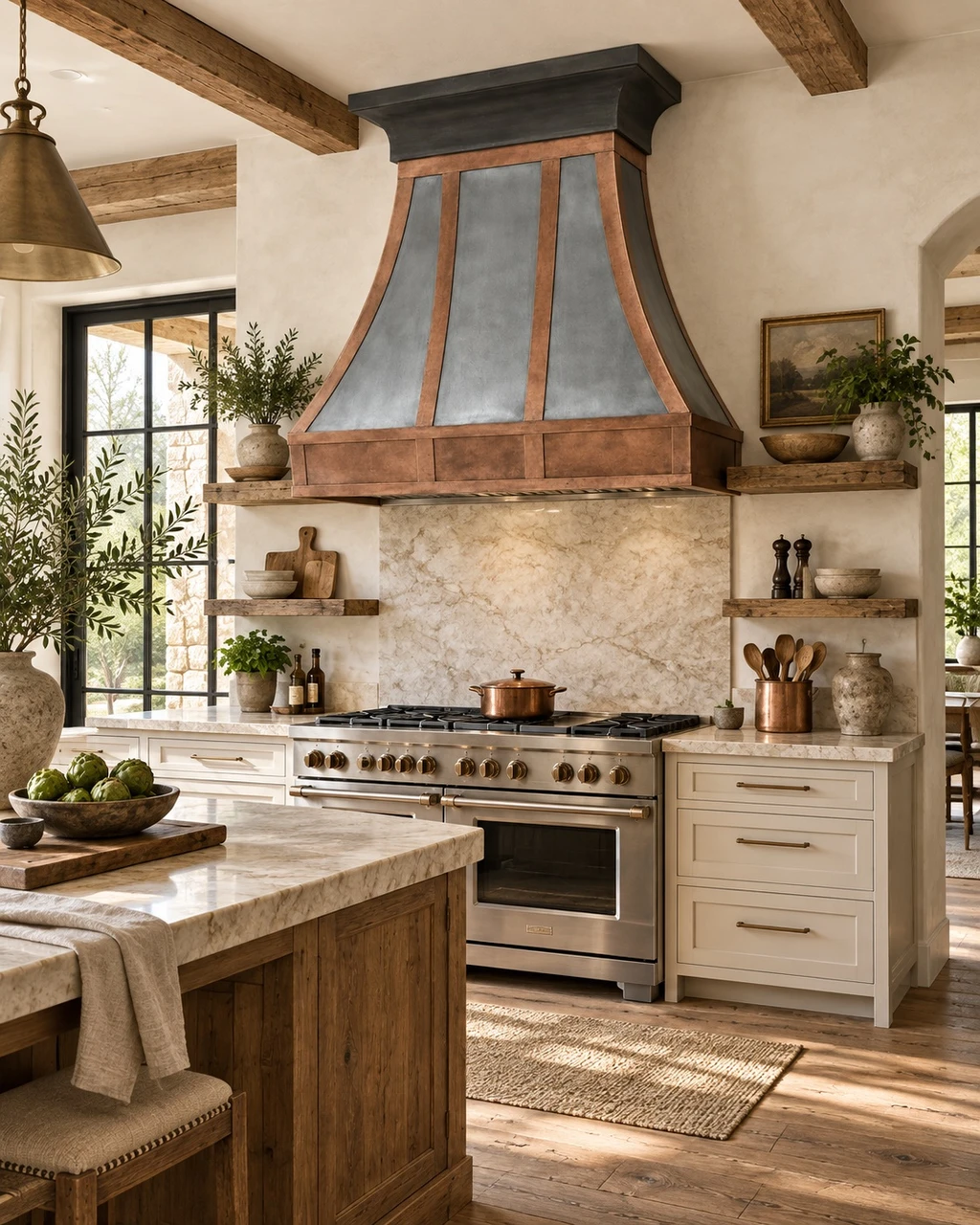 Modern rustic kitchen with zinc bell range hood, copper corner bands, timber, stone, and dark metal