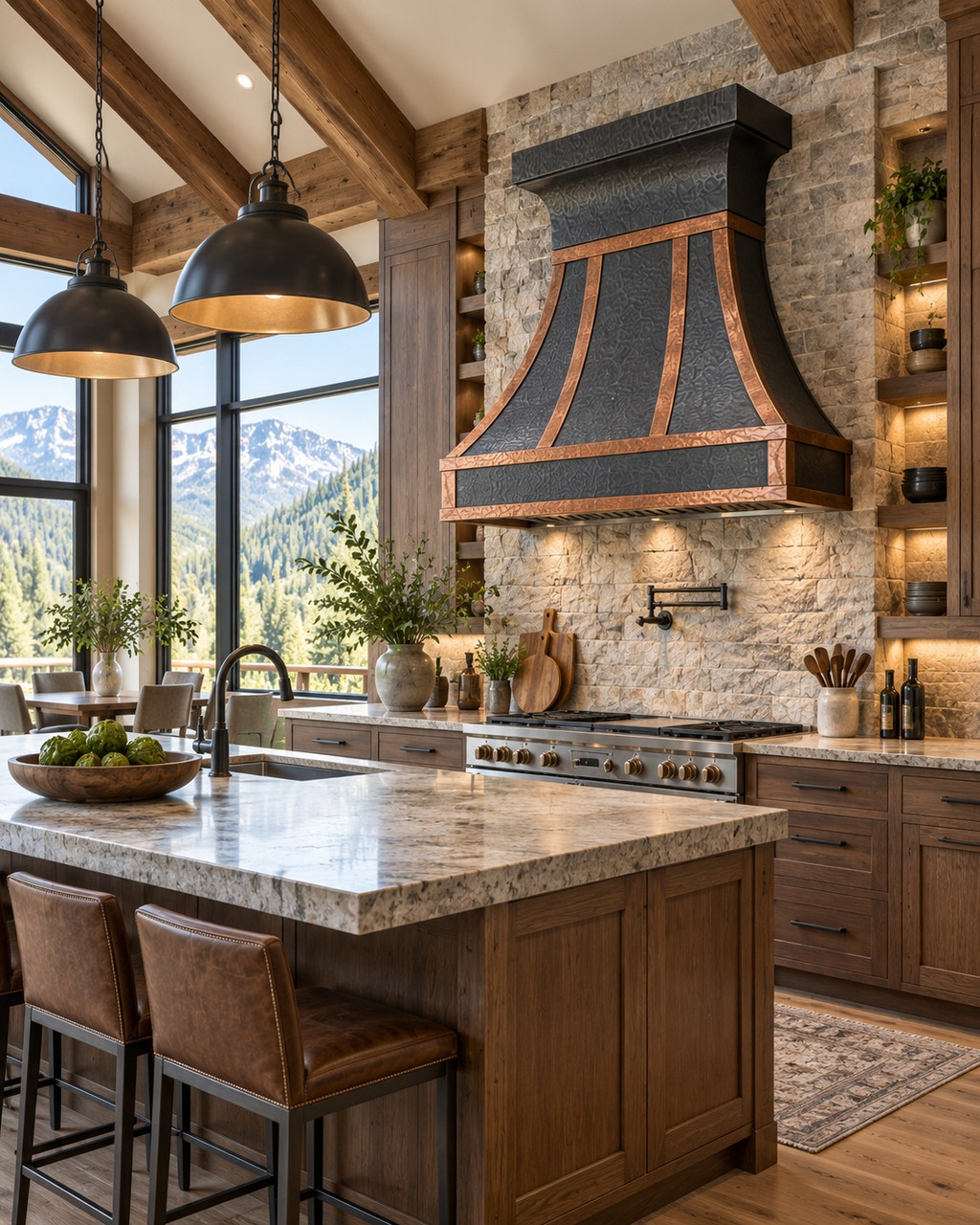 Zinc and copper hood in black smooth finish in a mountain kitchen with timber beams, stone walls and expansive windows