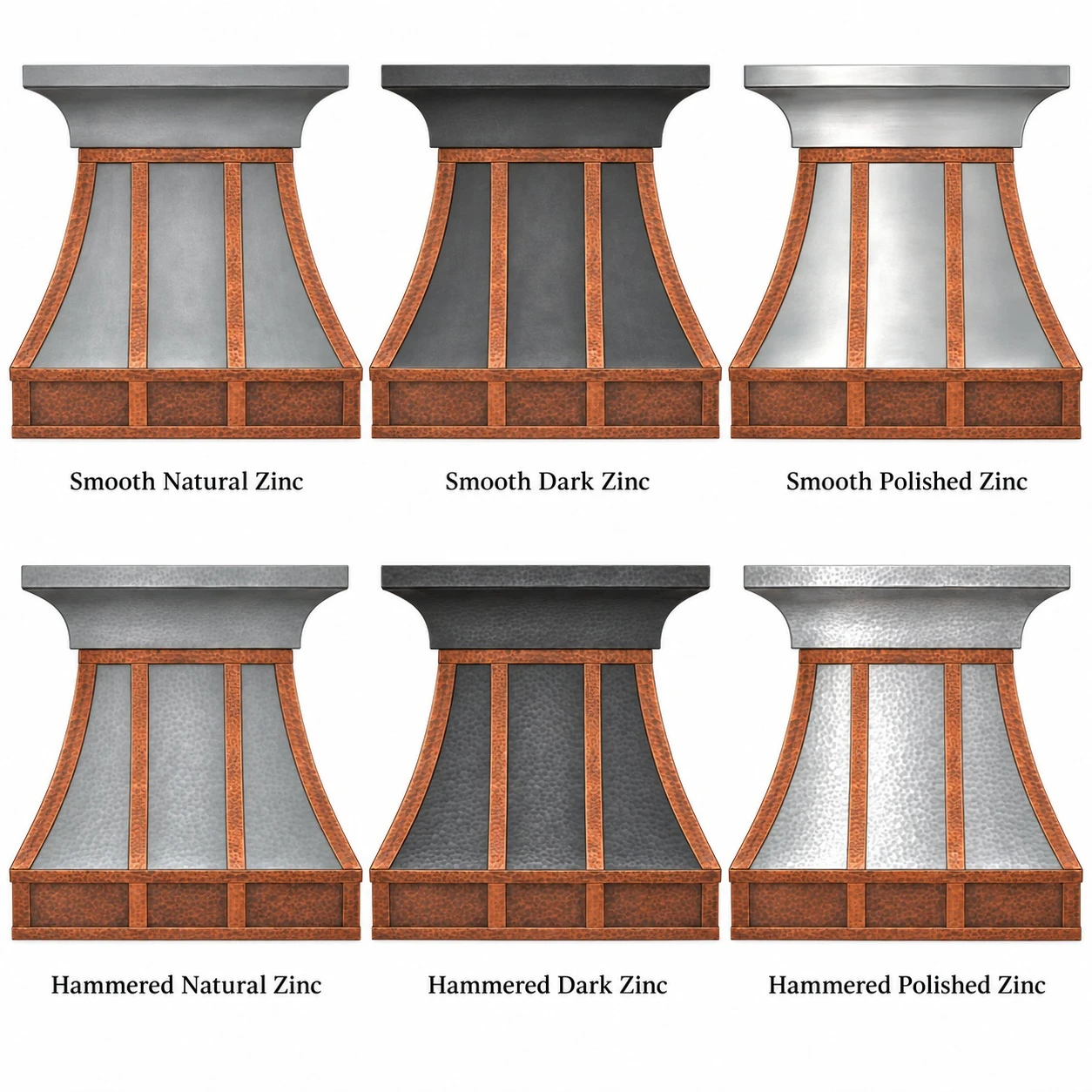 Zinc bell range hood with copper corner bands shown in six zinc finish options