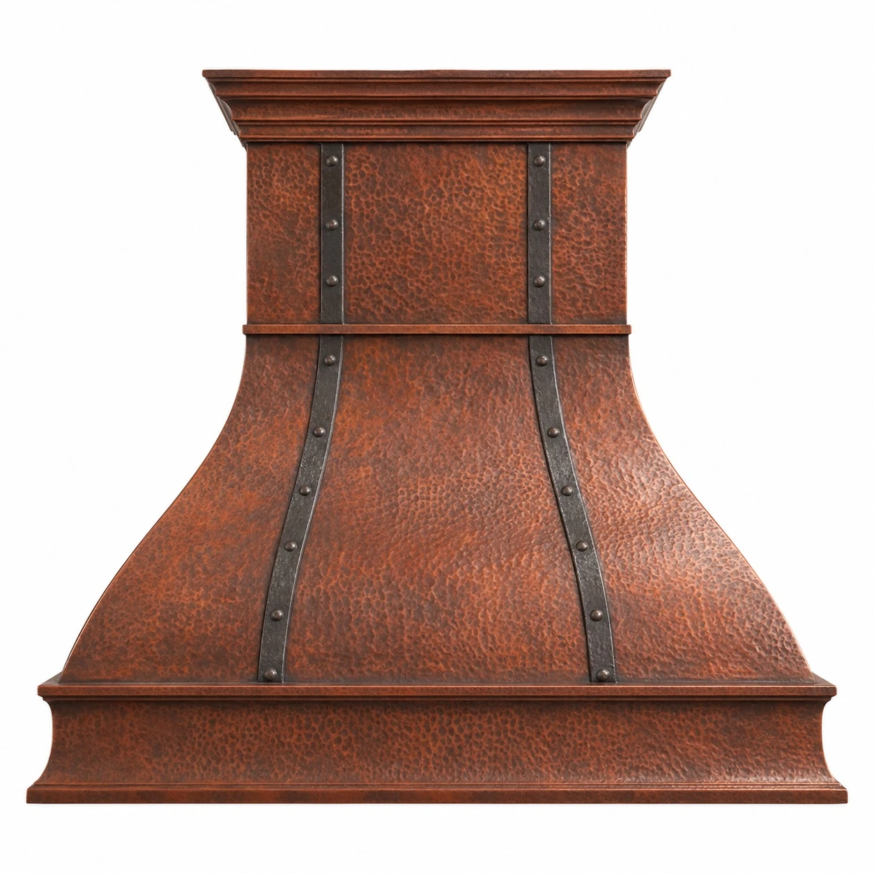 Bell copper range hood with forged iron straps, rivets, and deep stepped crown