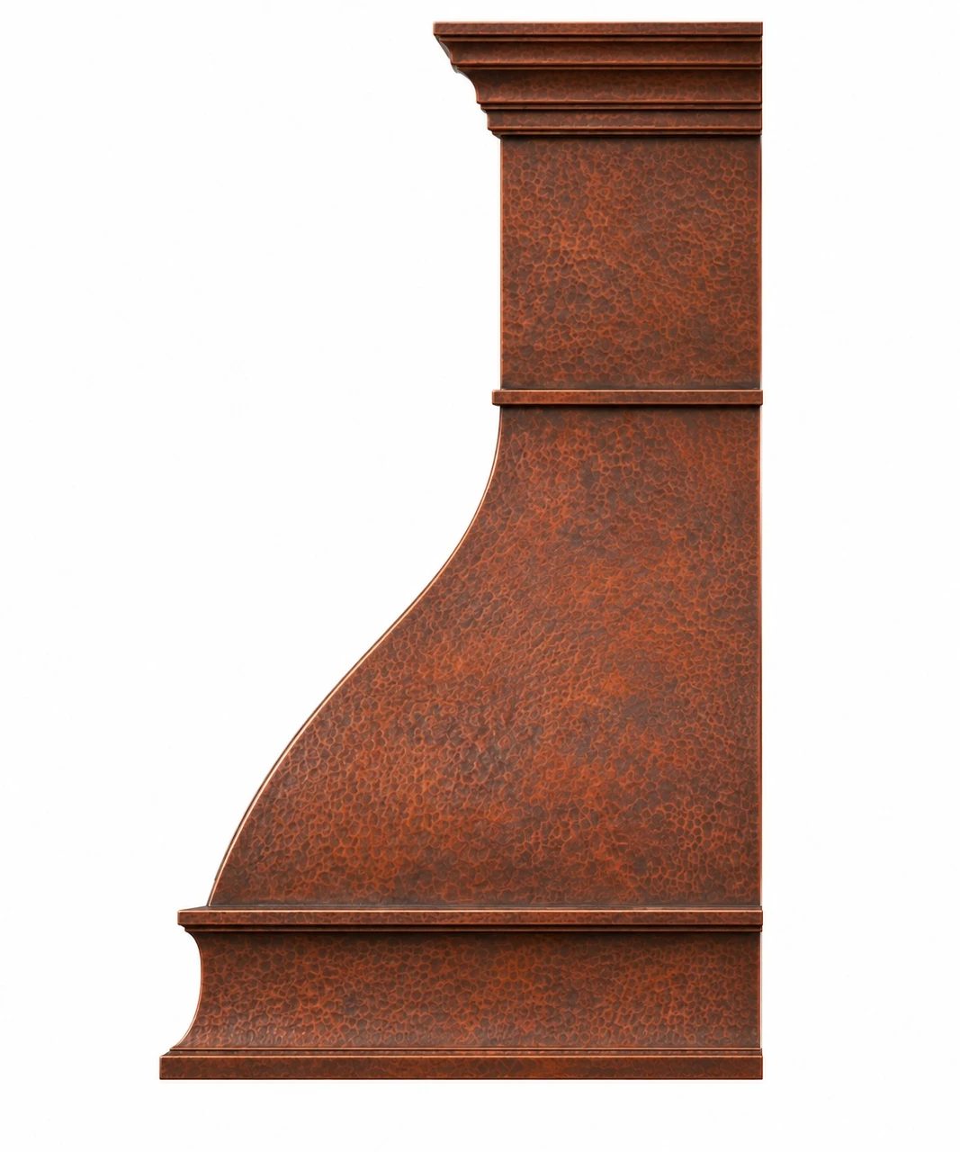 Bell copper range hood side profile showing the sweeping flared canopy, molded apron, and deep stepped crown