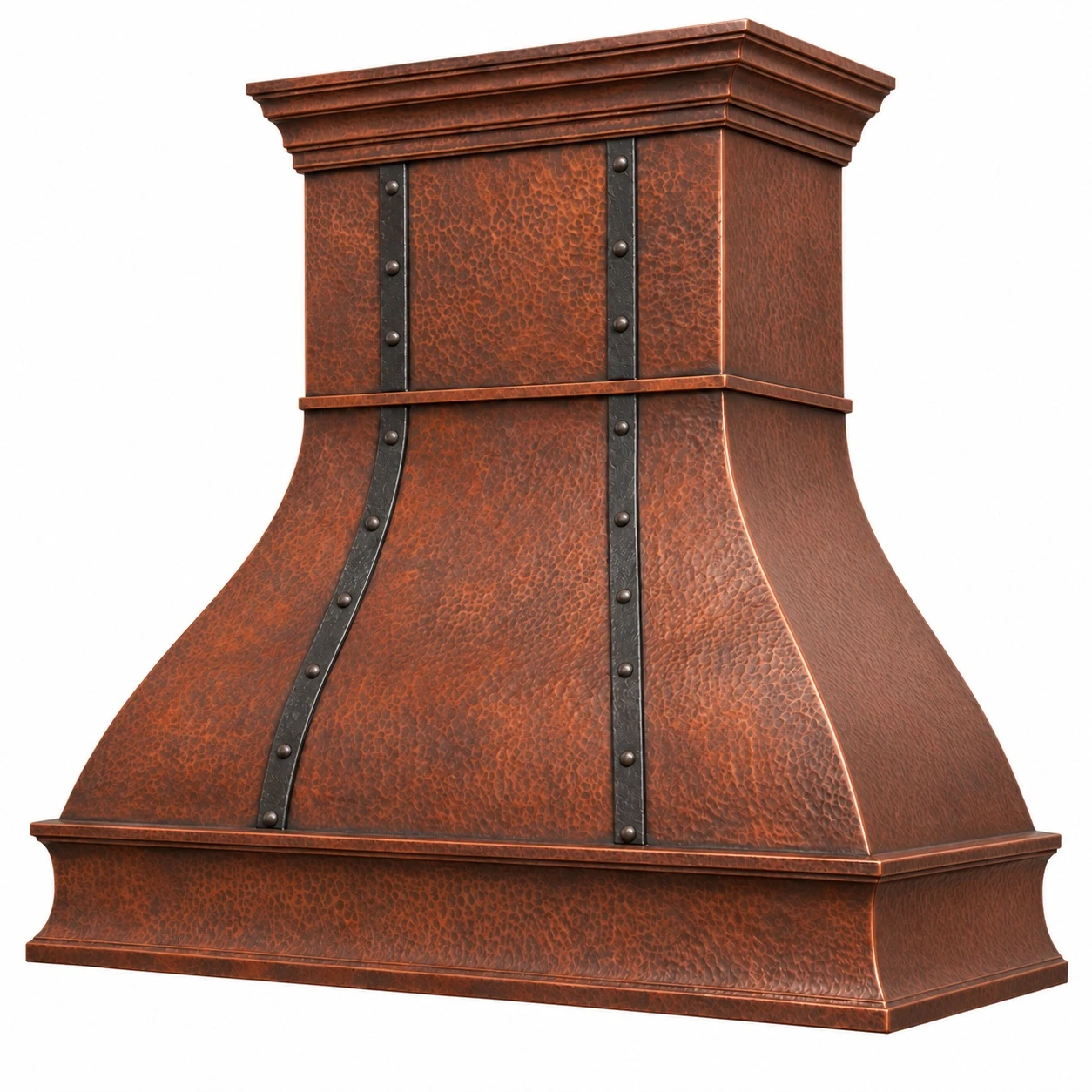 Angled view of bell copper range hood with forged iron straps and hammered patina