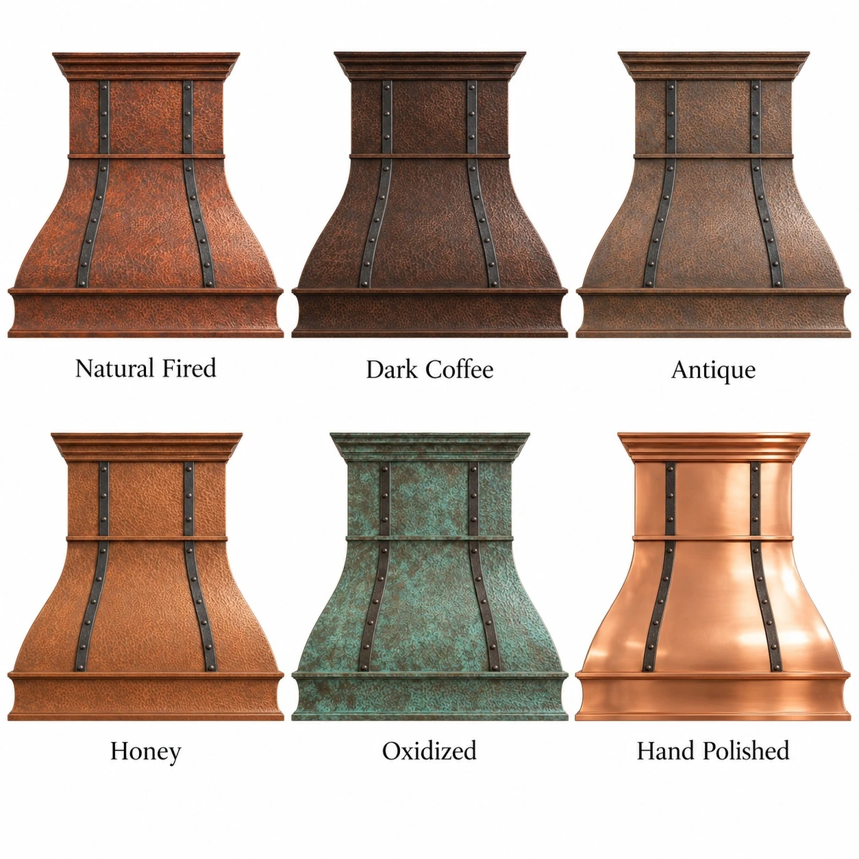 Bell copper range hood with forged iron straps shown in six copper finish options